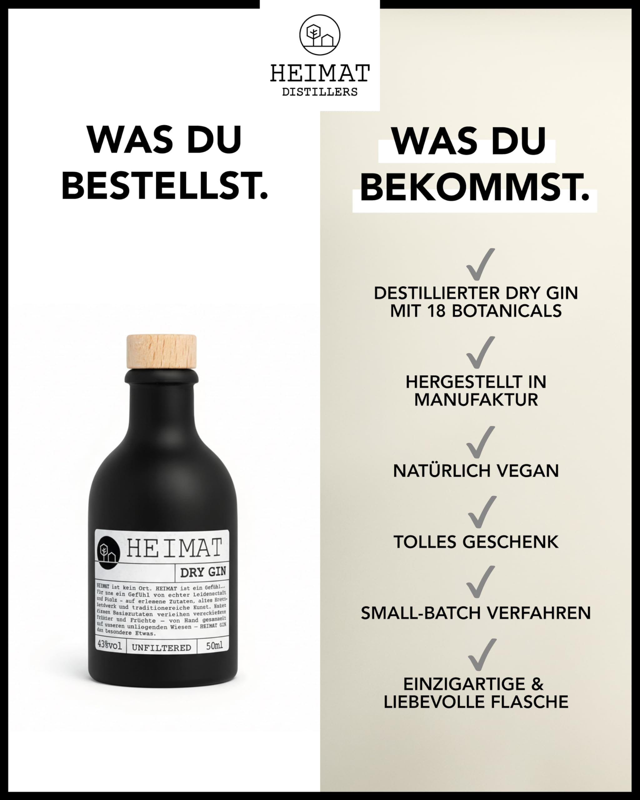 HEIMAT Dry Gin Miniatur (1x 50ml) zum Probieren mit 18 Botanicals wie Salbei, Thymian, Apfel, Lavendel, Ingwer aus der Heimat Destille, kleine Flasche Probiergröße Geschenk