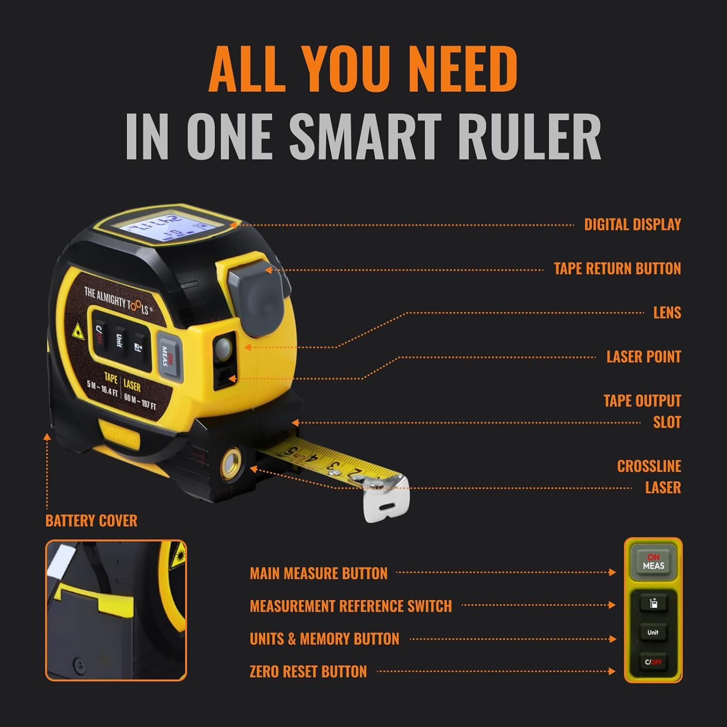 The Almighty Ruler, metro a nastro laser, misuratore di distanza laser, strumento resistente con funzione di marcatura incrociata, telemetro intelligente, display di facile lettura, misurazione