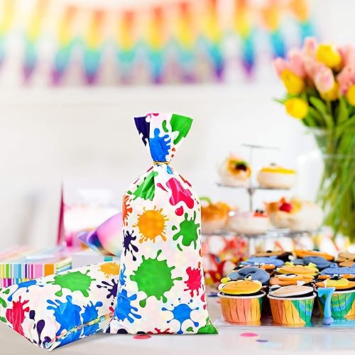 Miniatura 5 de Lecpeting 100 bolsas de regalo de pintura para artistas, coloridas impresiones de salpicaduras de pintura de celofán, bolsas de dulces de celofán,