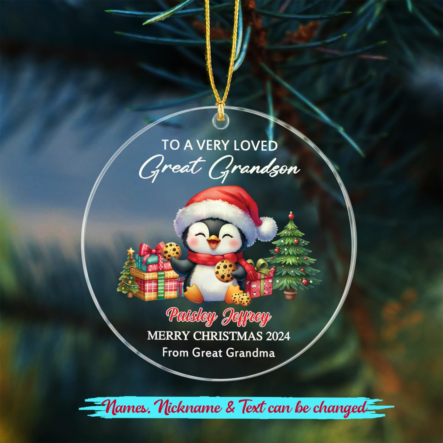 Personalized to A Very Loved Great Grandson Penguin Xmas Ornament Gift, Great Grandson Penguin Ornament from Great Grandpa/Grandma, Customized Text & Name Great Grandson Christmas Ornaments 2025