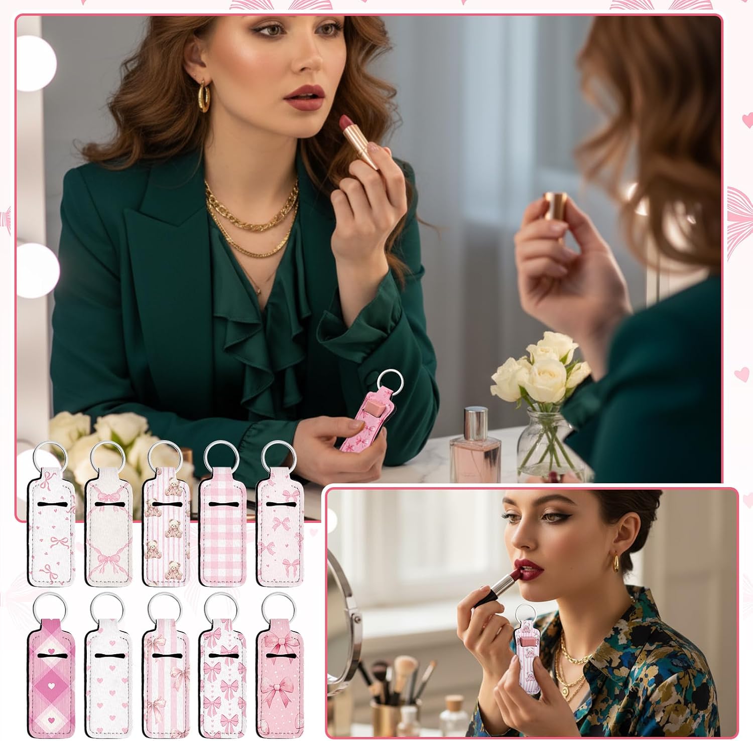 Quelay 40 Pcs Pink Lipstick Holder Keychain Bulk Preppy Bow Lip Gloss Sleeve Lip Balm Holder Gifts for Women