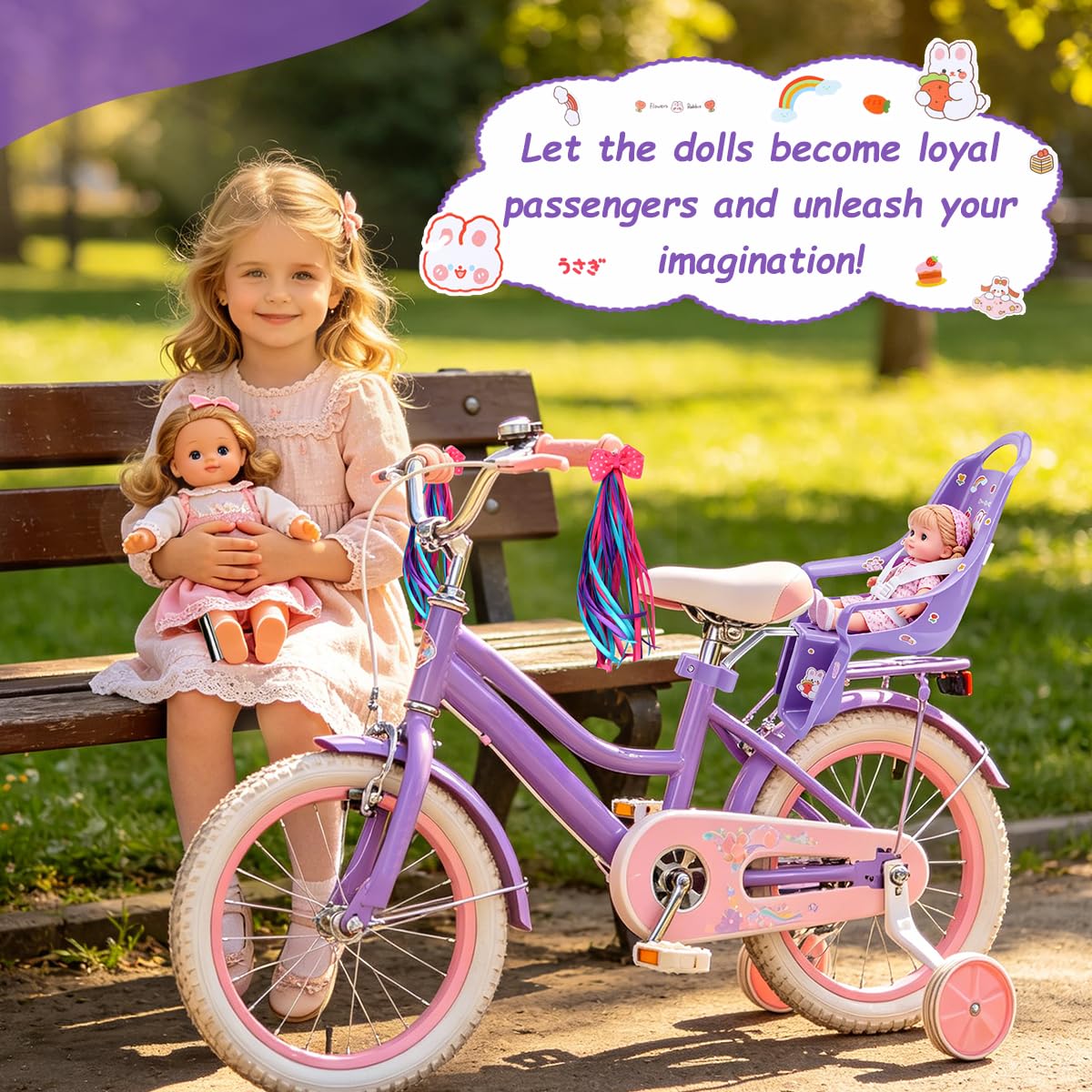 Seggiolino per Bicicletta per Bambole con Adesivi Fai da Te e Manubrio Stelle Filanti, Accessorio Bicicletta per Bambini