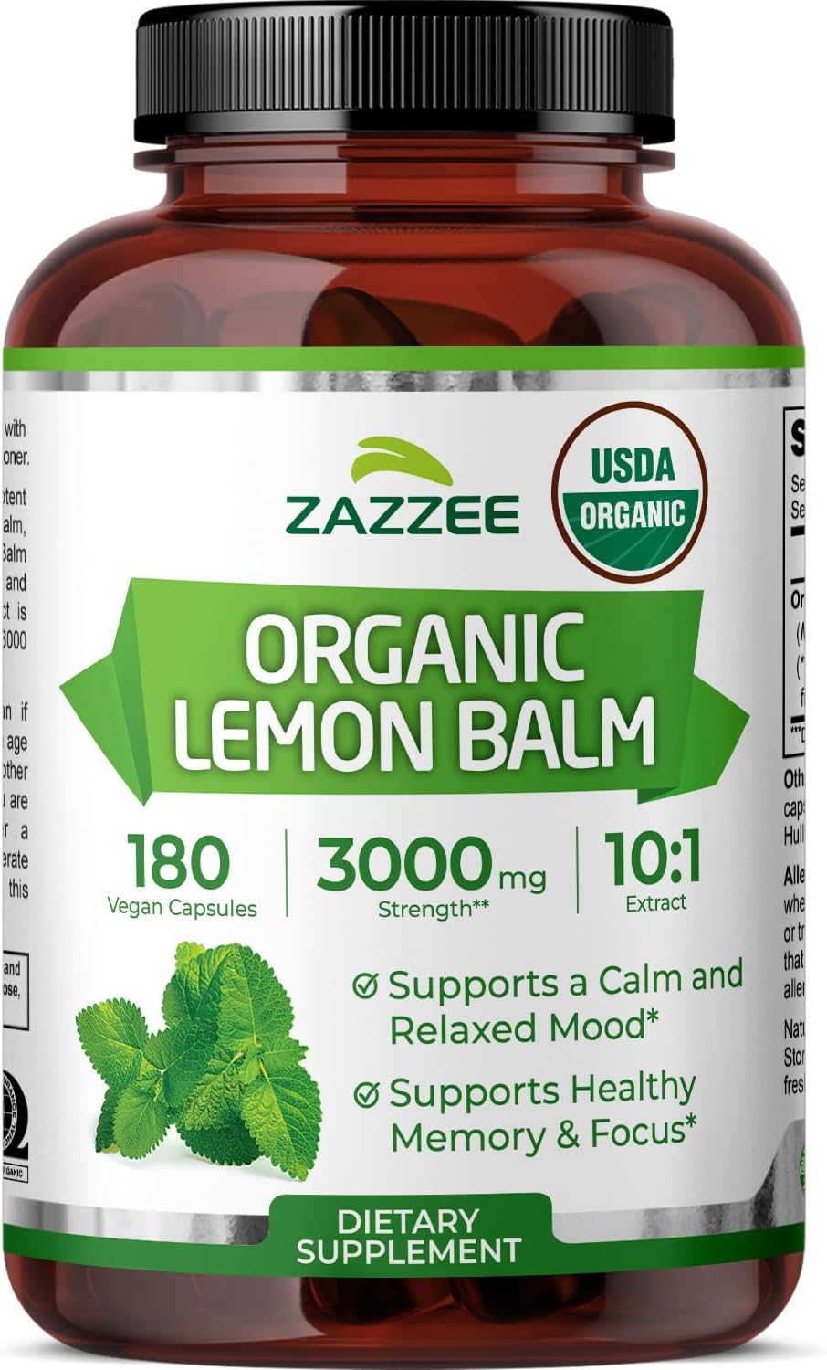 USDA Organic Lemon Balm 10:1 Extract, 180 Capsules, 6 Month Supply | Vegan, All-Natural, Non-GMO, Melissa Officinalis, Calm, Mood, Stress & Relaxation Support, Herbal Supplement, Made in the USA
