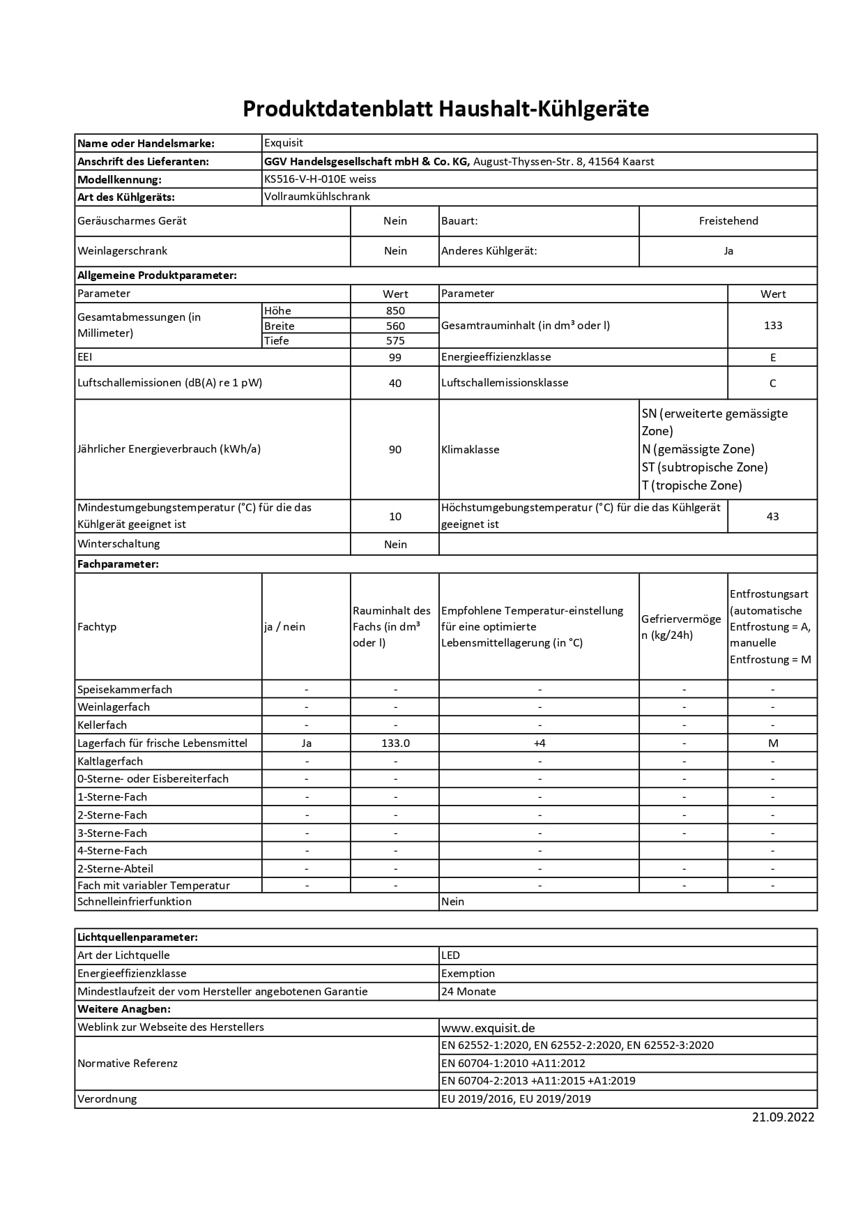 Exquisit Vollraumkühlschrank | 133 l Nutzinhalt, Energieklasse E, 40 dB(A) | kompakte Bauform, LED-Innenbeleuchtung, manuelle Temperaturregelung, Flaschenfach, Gemüseschublade | KS516-V-H-010E weiss