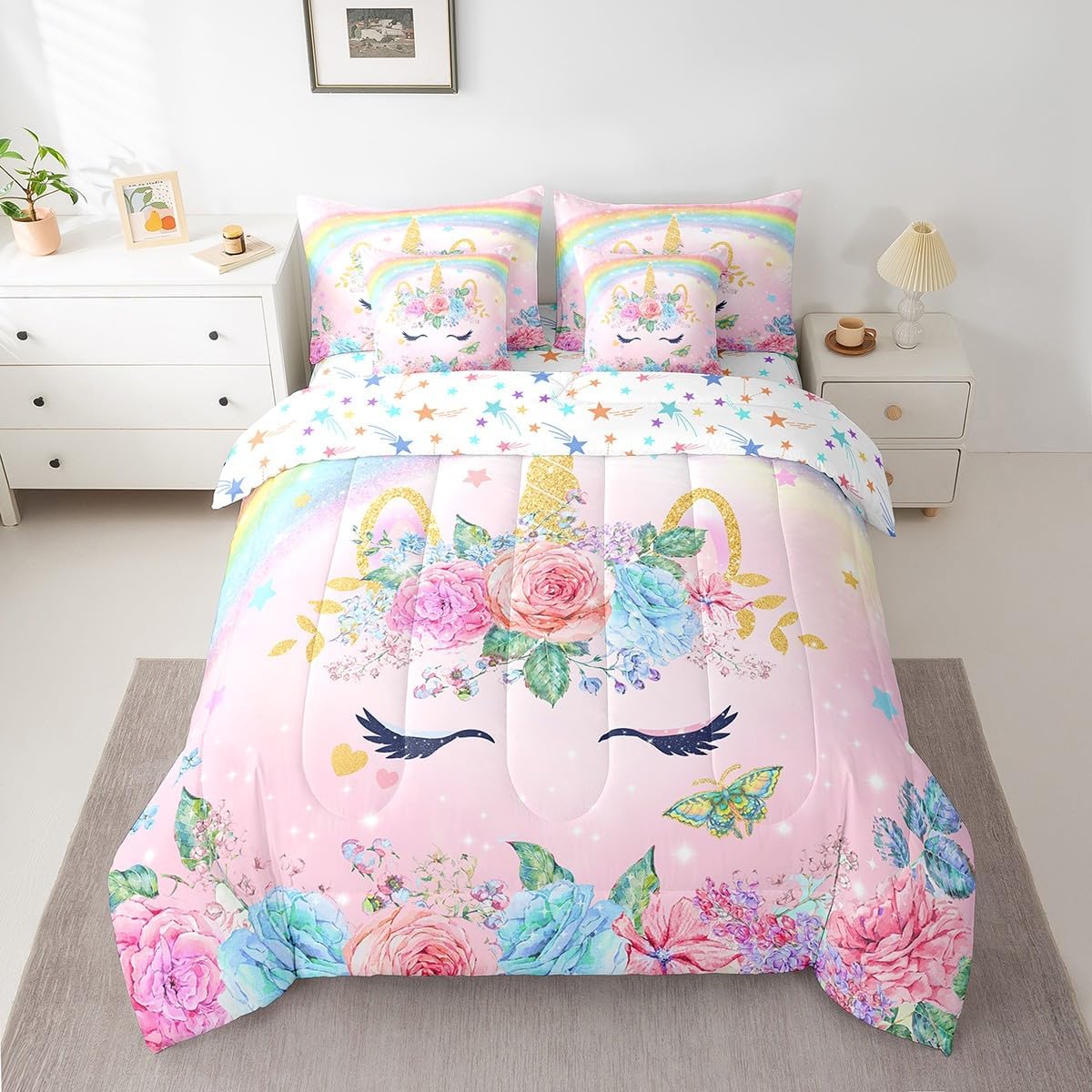 Feelyou Full Size Unicorn Comforter Set with Sheets for Kids Girls Bedroom Decorations Teens 3D Pink Unicorn Rainbow 7 Piece Bedding Set Ultra Soft and Fluffy Flower Bed in a Bag