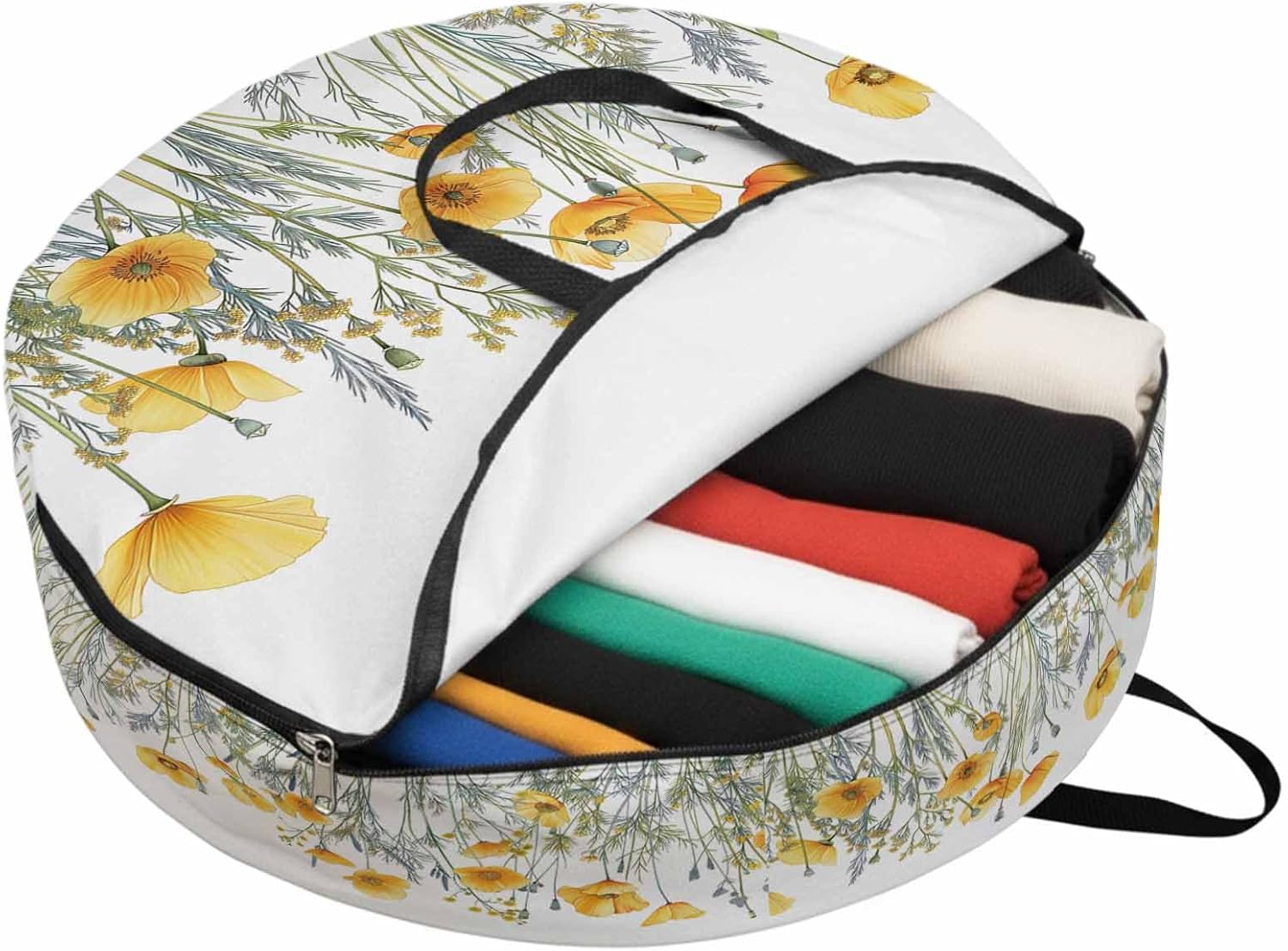 Minimalism Yellow Floral Round Storage Bag 36 Inch, Watercolor Plants White Background Clothes Storage Container with Handles Heavy Duty Organizer for Comforter, Bedding & Holiday Wreaths