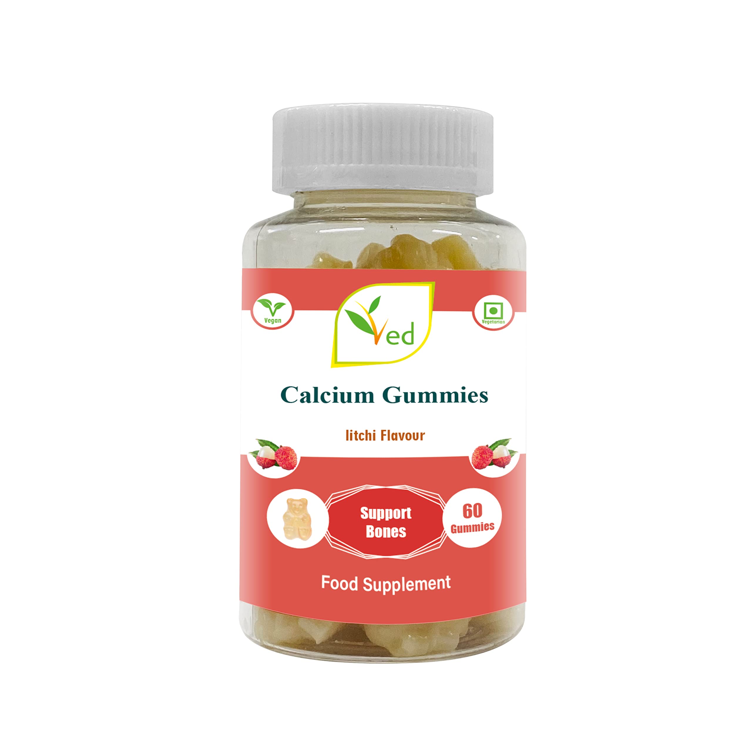 Calcium Gummies; Chews Litchi Flavour, Calcium & Vitamin D Gummies, Vegetarian Vegan Health Supplement - 60 Chews 30 Days’ Supply