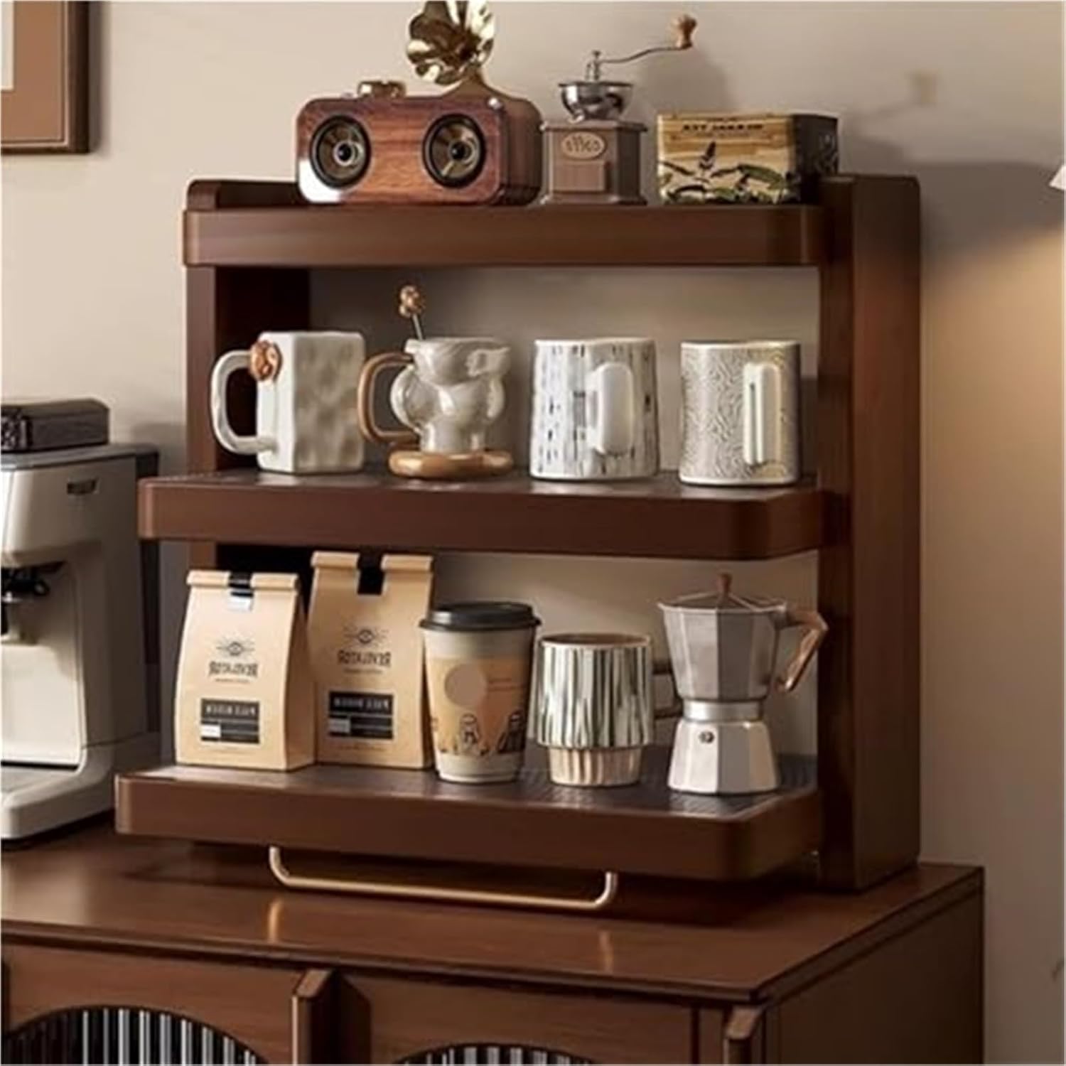 Home Furnishing Wood Coffee Station Bar Organizer Mug Holder 3 Tier Vintage Coffee Mug Display Shelf Desktop Storage Rack for Kitchen Dining Room Office(Brown,16.5x7.8 in)