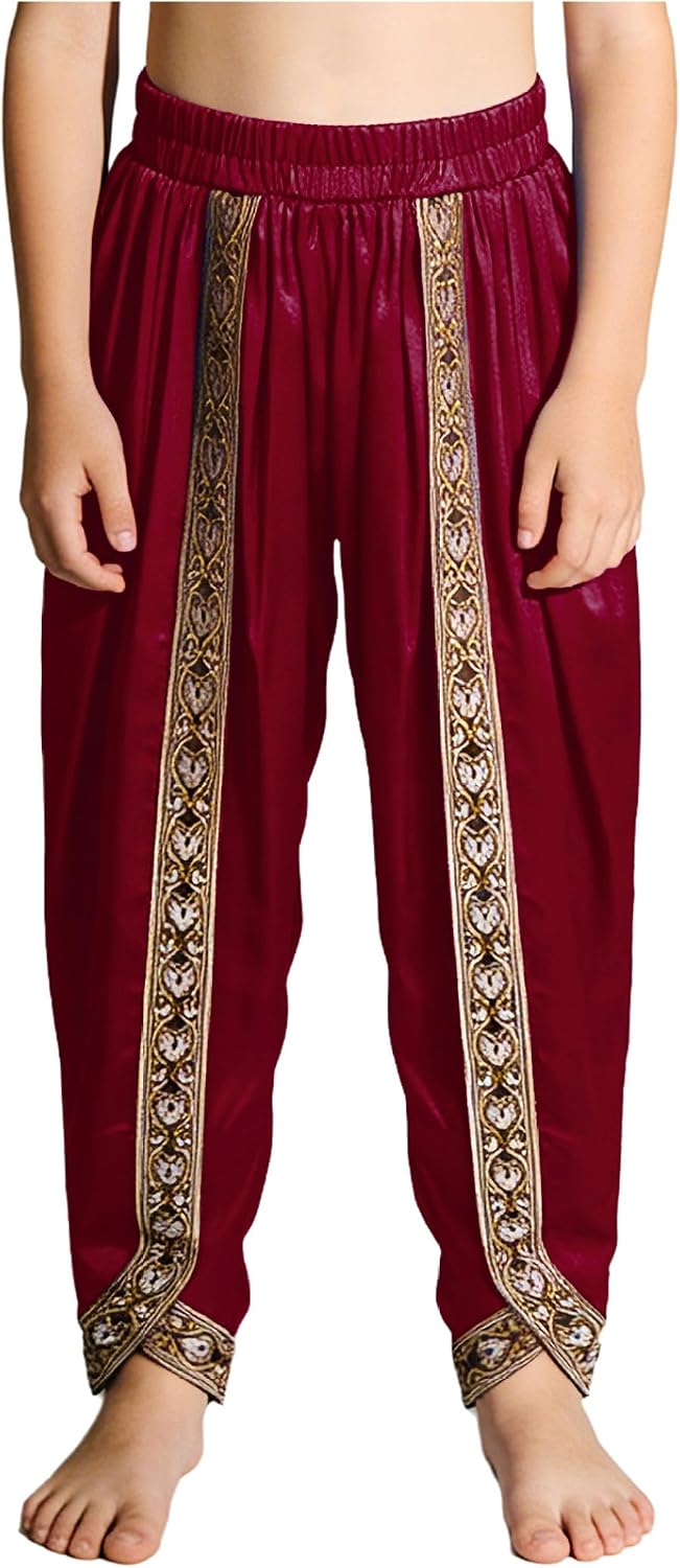 Kids Boys Satin Dhoti Pants Elastic Waist Baggy Hippie Dance Indian Yoga Boho Trousers for Theme Party Carnival