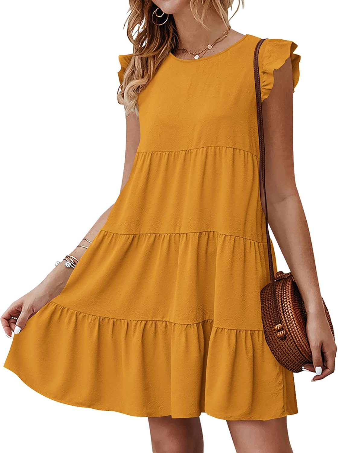 KIRUNDO Women's Summer Dresses Sleeveless Ruffle Sleeve Round Neck Solid Loose Short Flowy Pleated Mini Babydoll Dress