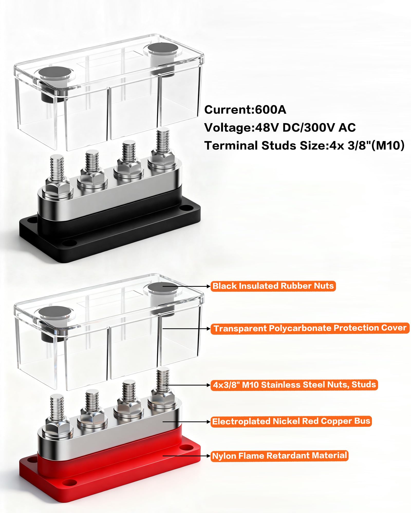 IZTOSS 600 A Sammelschiene, 0,95 cm, Hochleistungs-Hochstrom-Stromverteilerblock, 48 V, 4 x M10-Modul-Design, Klemmbolzen, Batterie-Abzweigblock für Batterie, Marine, Wohnmobil, LKW, 2 Stück