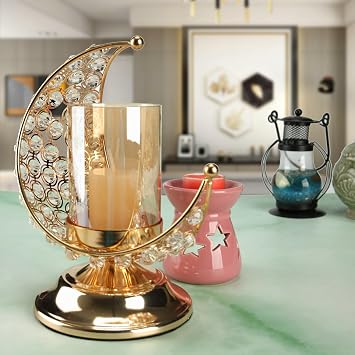BinaryABC Eid Mubarak Decorations, Moon Shaped Candle Holder, Ramadan Candle Stand Centerpieces Muslim Gift (Golden)