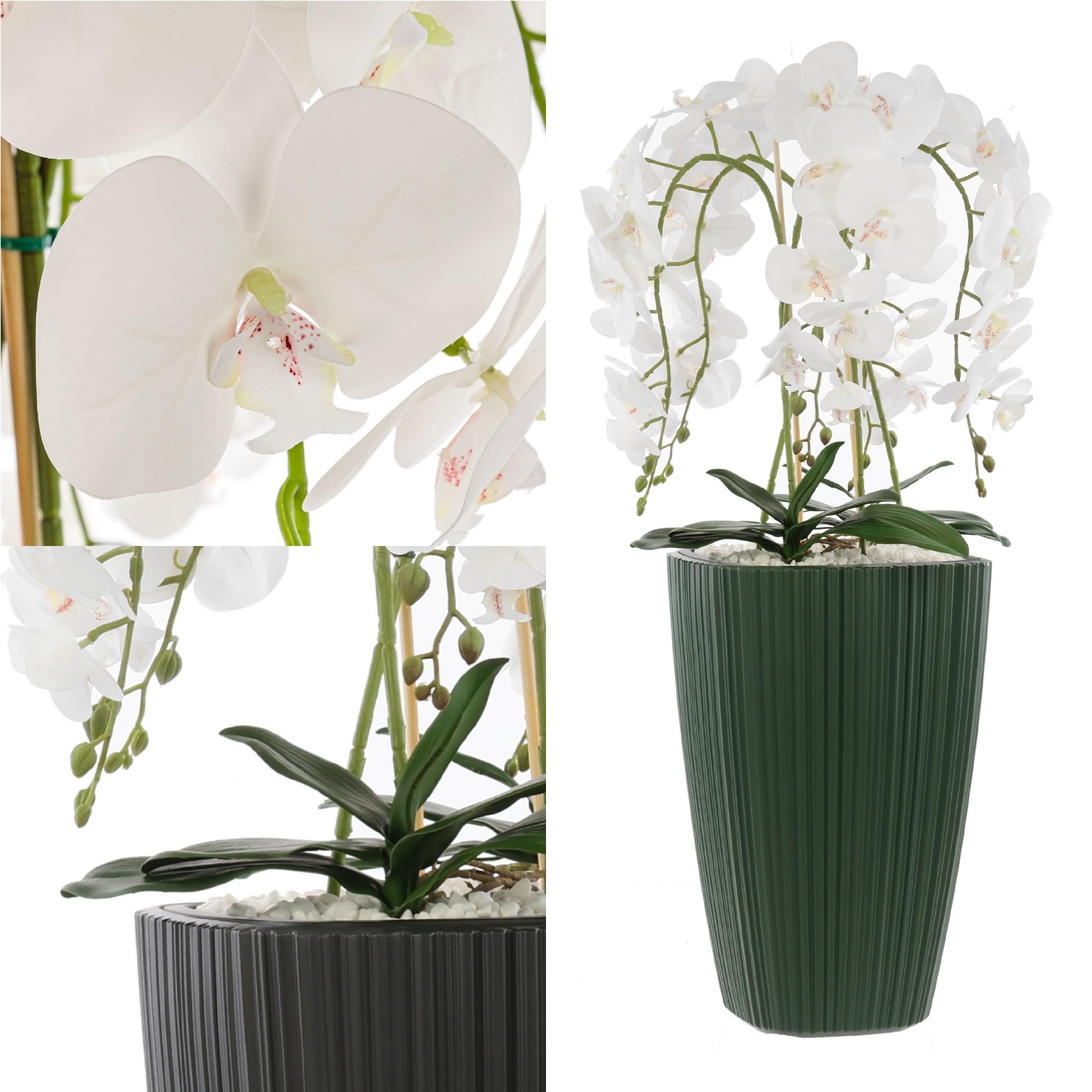 botle Sztuczna orchidea, biała kaskada, bukiet kwiatów w doniczce, zielony, wys. 95 cm, gumowane kwiaty, 5 pędów, dekoracja domu, biura, piękna, stylowa