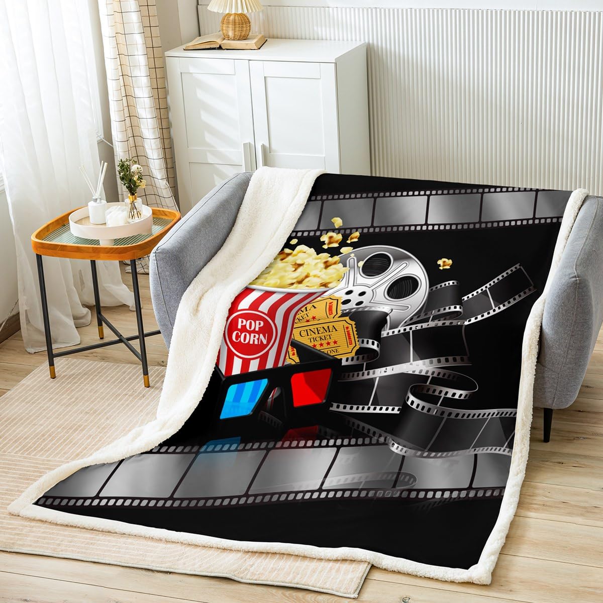 Movie Theater Decor Fleece Throw Blanket Kids Movie Night Plush Blanket for Boys Movie Ticket Popcorn Sherpa Blanket Breathable Cinema Fuzzy Blanket Room Decor Home Theater Single 50x60 Inch