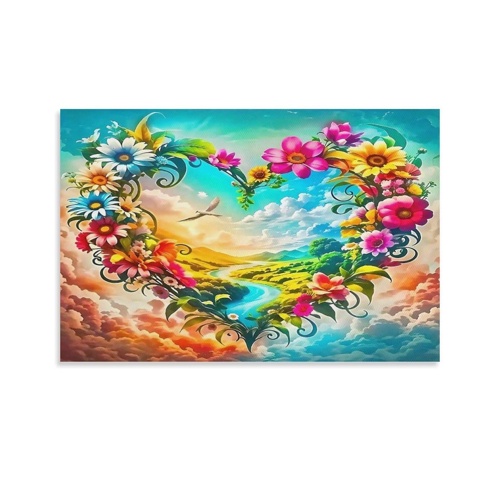 CPLVKWRQJ Starry Night Garden with Butterflies Individual Heart Shaped Floral Sky Valley Artwork Canvas Wall Hanging - Office Wall Focal Art Fade Resistant Statement Piece Decor 12x18inch(30x45cm)