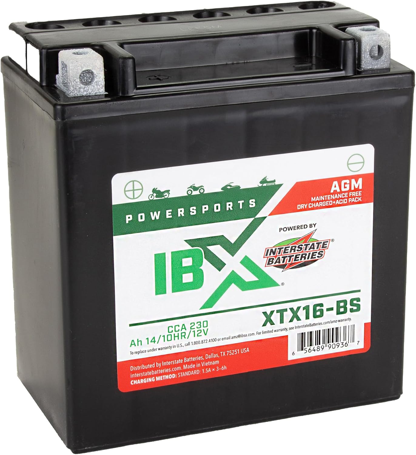 Interstate Batteries YTX16-BS 12V 14Ah Powersports Battery 230CCA AGM Rechargeable Replacement for ATVs, Motorcycles, Scooters (XTX16-BS)