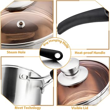 P&P CHEF 1+2 QT Sauce Pan With Lid, Small Pot Saucepan for Milk, 3 Pcs | Stainless Steel Saucepan, Small Sauce Pot for Cooking, Visible Glass Lid & Bakelite Heat-Proof Handles,Dishwasher Safe