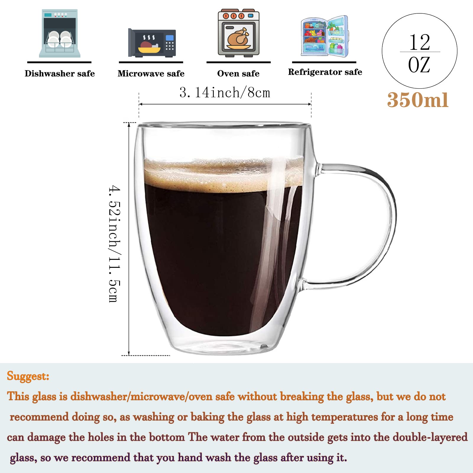 twoant Dubbelwandige koffieglazen mokken 350 ml set van 4 cappuccino
