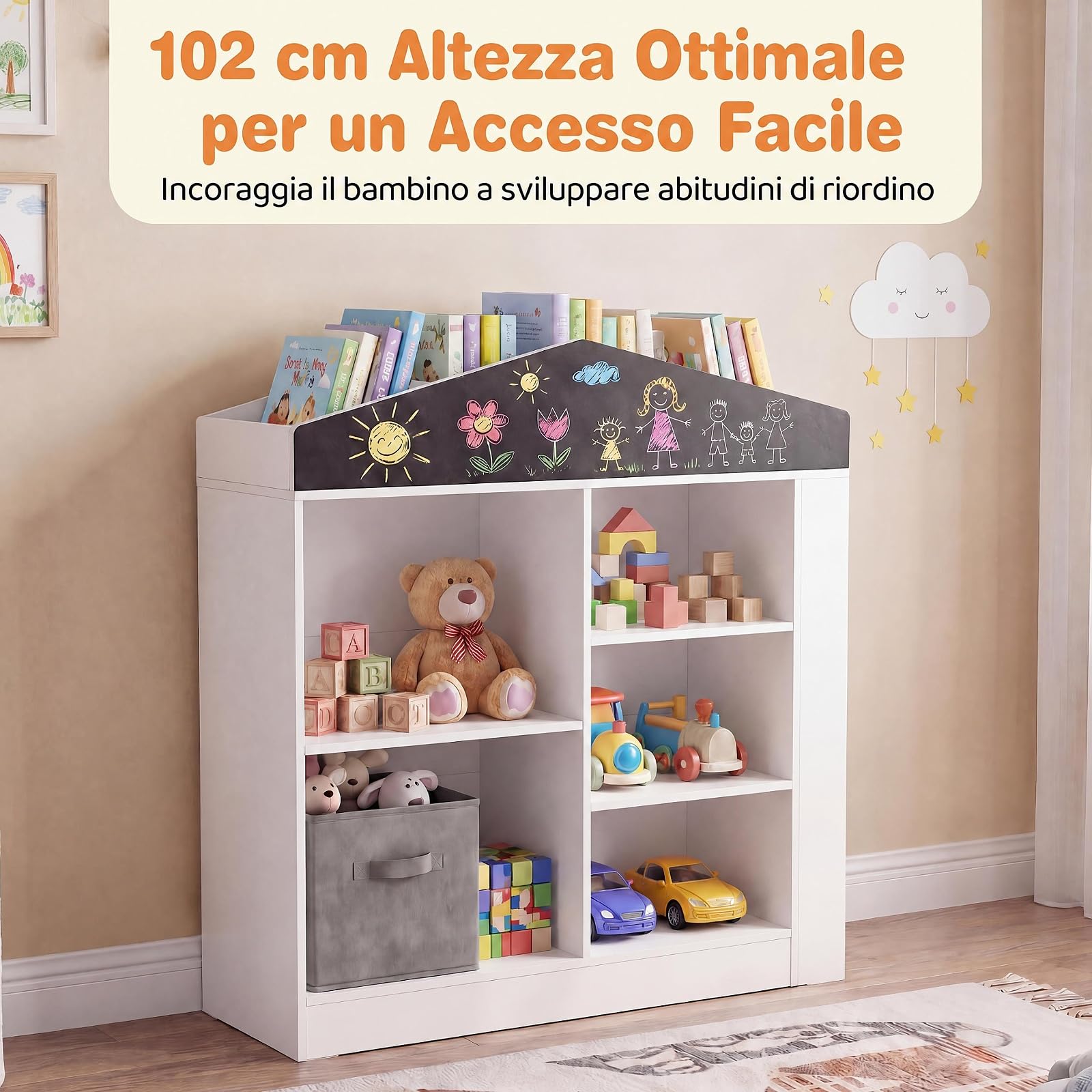 RELAX4LIFE Libreria Montessoriana per Bambini, Scaffale Portaoggetti con Scomparti e Lavagna, Libreria a Forma di Casa per Cameretta, Sala Giochi e Asilo Nido