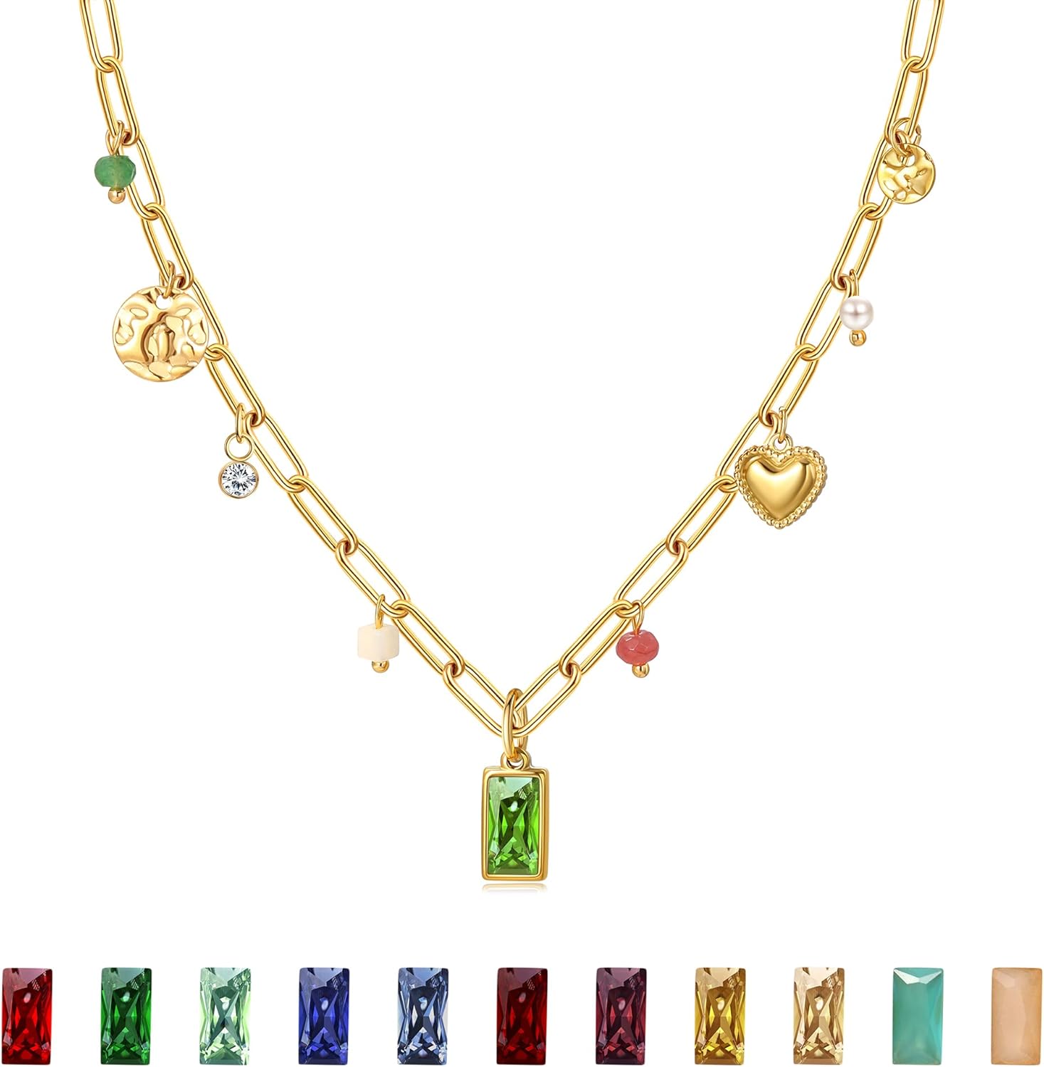 Gold Necklace for Women Dainty 14K Gold Plated Birthstone Necklace Green Blue Pendant Charm Necklaces Birthday Gifts Waterproof Jewelry