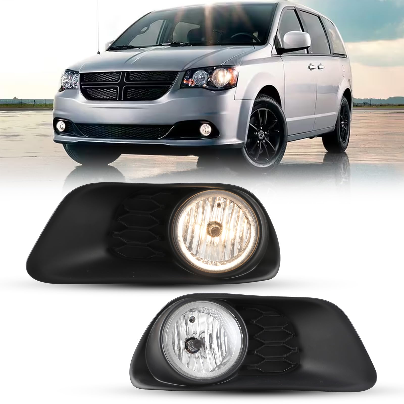 I1MOTOR Fog Lights Assembly Compatible with 2011-2020 Dodge Grand Caravan with H10 12V 42W Bulbs Clear Lens Fog Lamps Replacement Driver and Passenger Side+Wiring Harness Kit