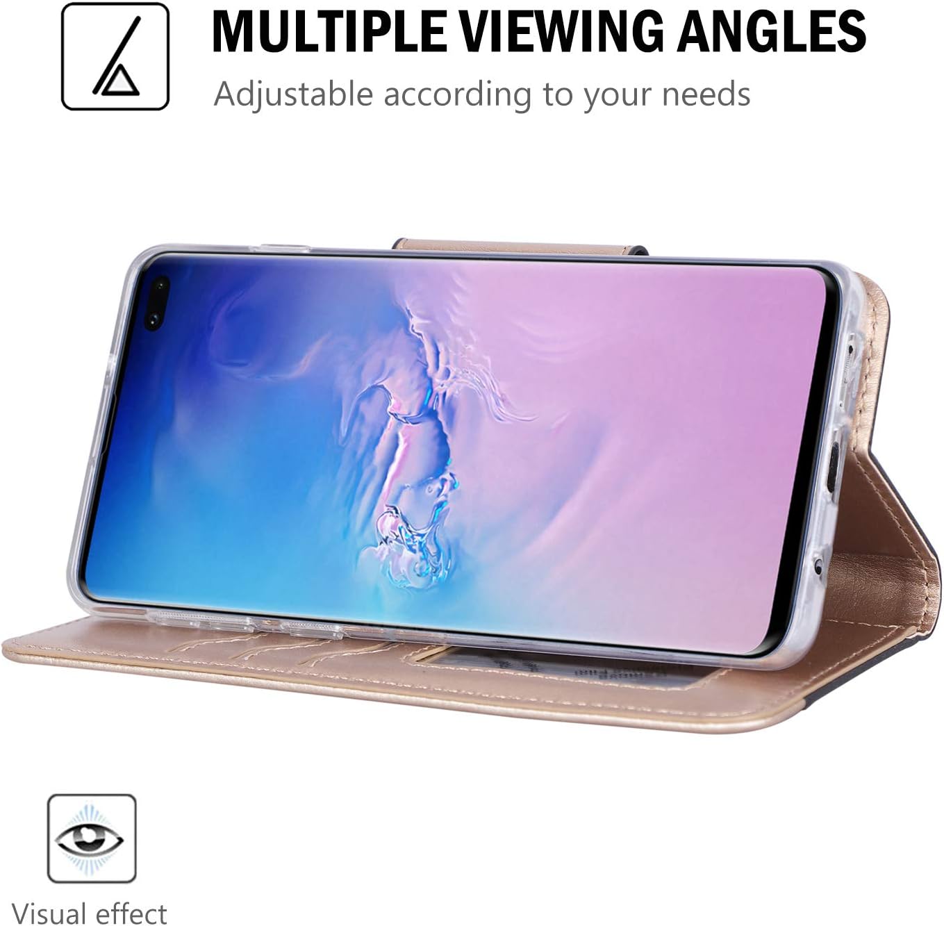 ProCase Galaxy S10 Plus Wallet Case, Flip Fold Kickstand Case with Card Holders Mirror, Folding Stand Protective Book Case Cover for 6.4 Inch Galaxy S10+ (2019 Release) – Black Gold