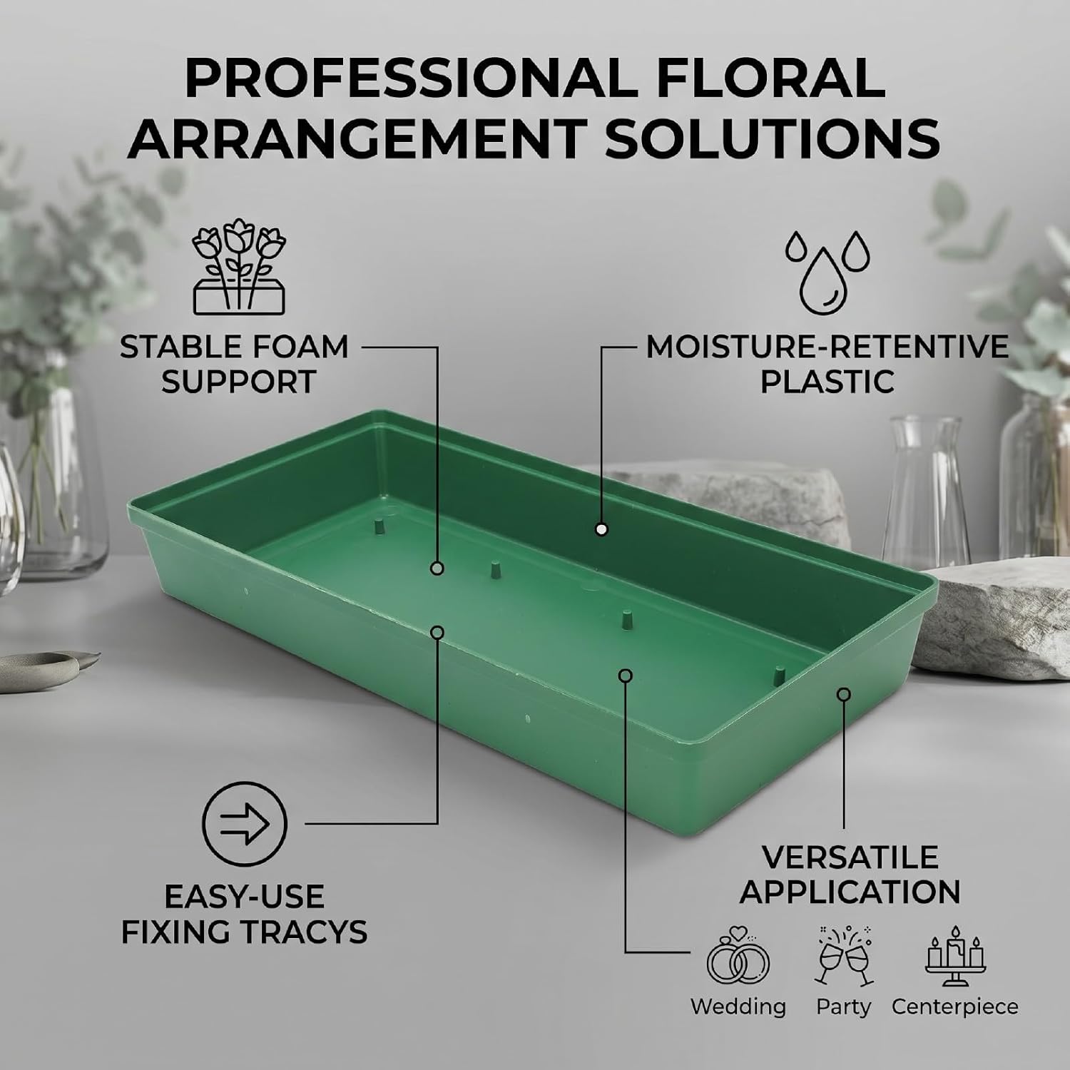 Pssopp 10PCS Floral Foam Trays, Plastic Mud Fixing Plates Bowls Rectangular Oasis Cage Holders with Adjustable Slots for Flower Arrangement Centerpieces Wedding Party (10.8 X 5.1 X 1.6in Green with