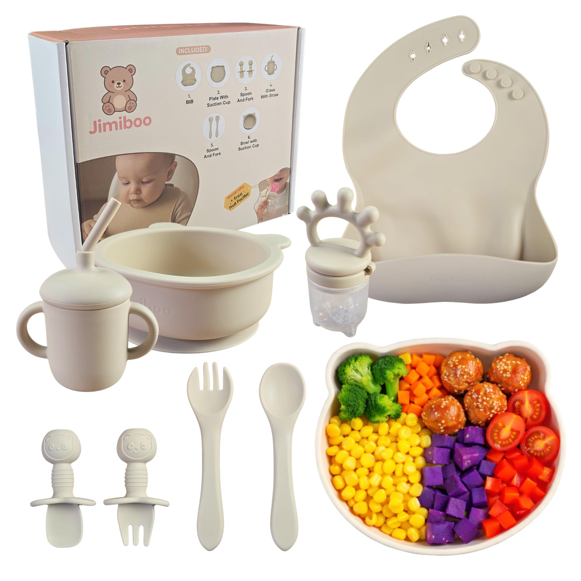 Vajilla Bebé Silicona BLW Completa con Ventosa – Set Alimentación Complementaria 6 Meses+, Plato y Bol Antideslizantes, Babero Ajustable, Vaso Pajita Antiahogo y Chupete Fruta de Regalo, Libre de BPA