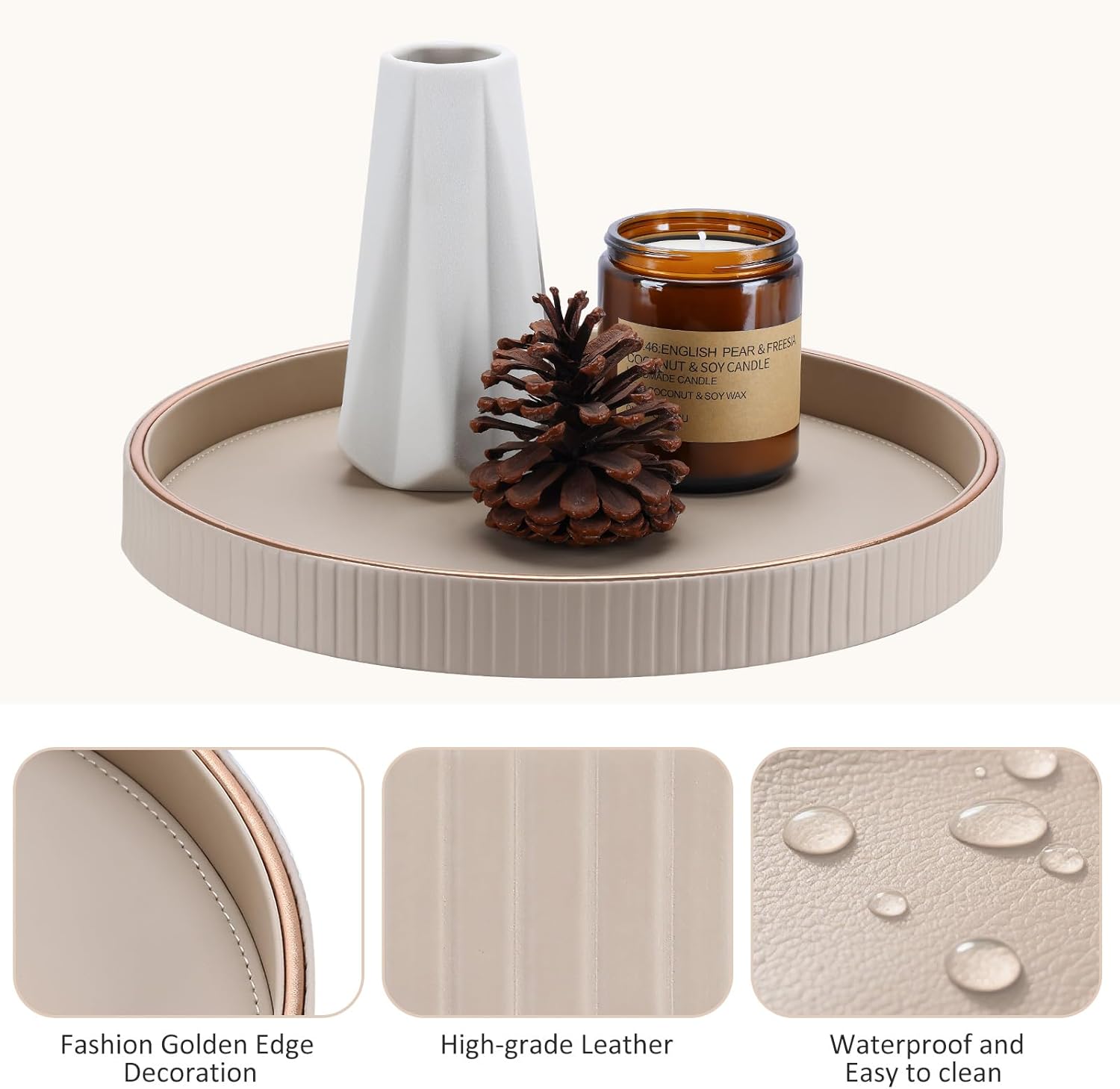 KINGFOM Round Decorative Tray, PU Leather Vanity Tray Organizer with Gold Trim for Dresser, Coffee Table & Bathroom Counter, Modern Home Decor Jewelry & Perfume Tray for Men Women (Beige)
