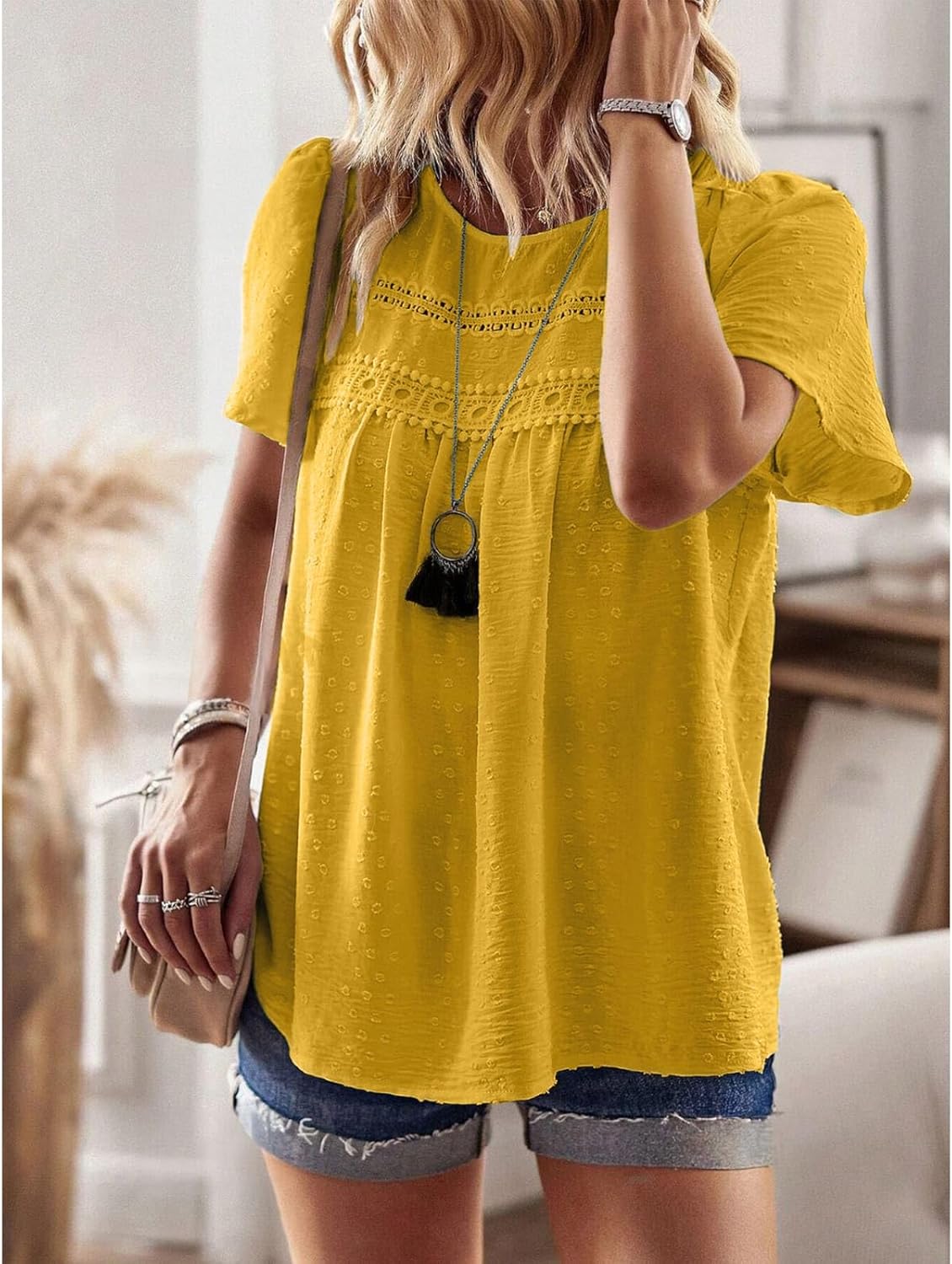 YNIQUE Womens Summer Tops Crewneck Short Sleeve T Shirts Casual Chiffon Blouses Flowy Lace Hem Trendy 2025 - Image 6