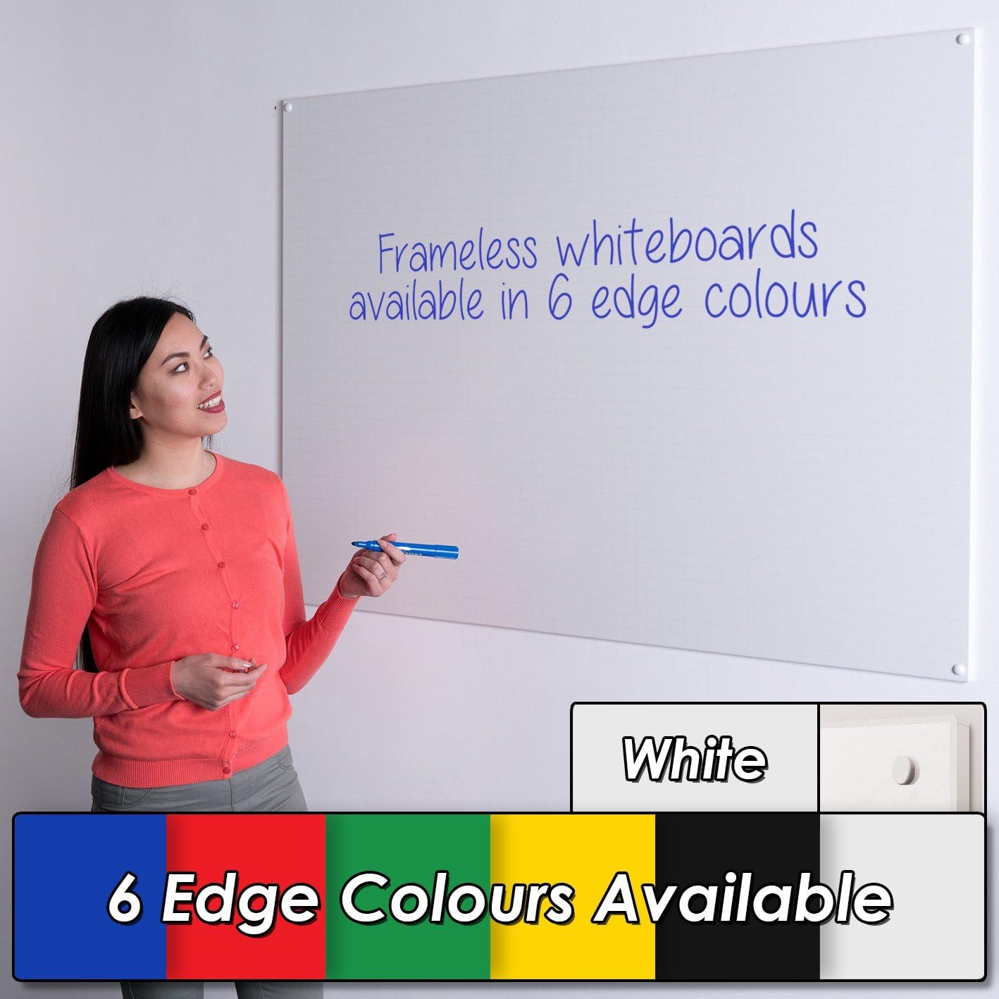 Wonderwall Frameless Whiteboard 90 x 60CM with Coloured Contoured Edging - for Schools, Offices, & Industry- 6 Colours Available, Including (White Trim)