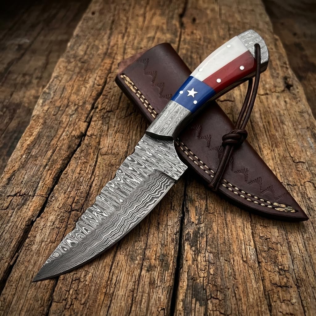 Hercules Custom Hand Forged Damascus Hunting Knife with Leather Sheath Fixed Blade Camping, Bushcraft, Survival, Outdoor Knife, Texas Flag Handle, Handmade Full Tang (FBK-A)