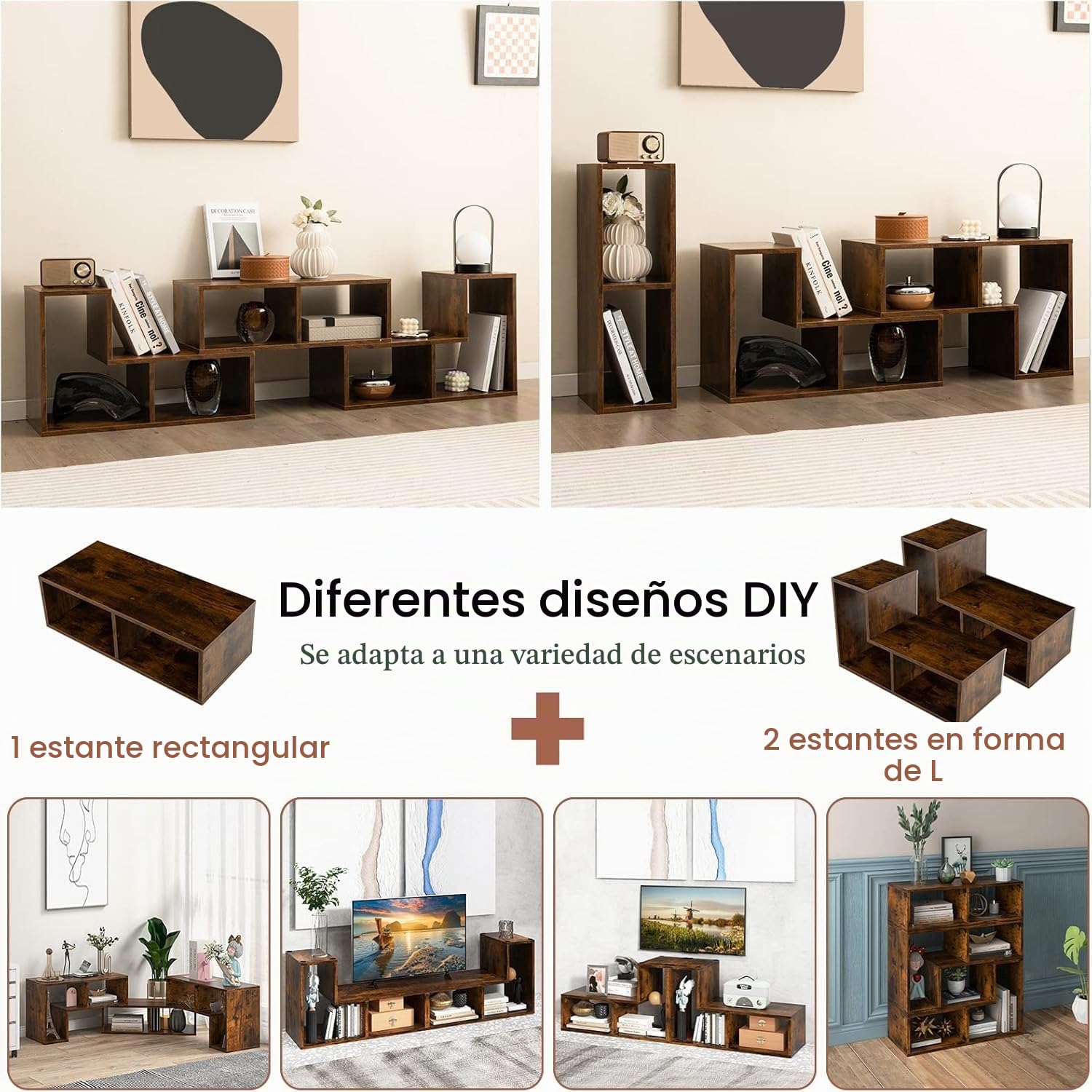 GIANTEX Mueble de TV Combinado Libre con Estantes Abiertos, para TV hasta 65 Pulgadas, Soporte de TV Multifuncional de Madera, para Salón, Dormitorio, 134-180x30x43 cm (Marrón, 3 Piezas)