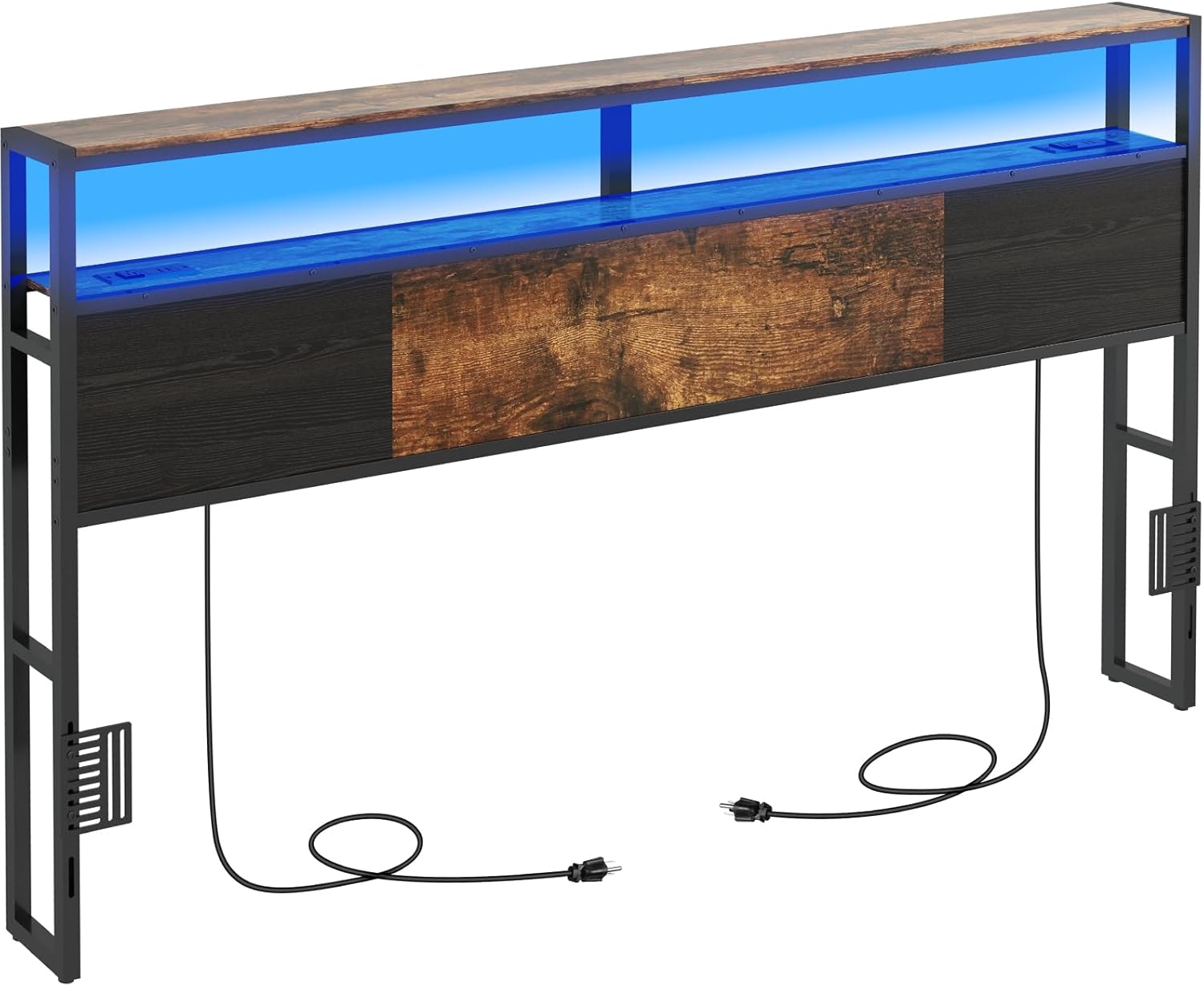 King Size Headboard, Headboards with Charging Station, USB Port and LED Light, Head Board with 2-Tier Storage Shelf, Adjustable Height, Easy Assembly, Sturdy and Stable, Rustic Brown Rustic Brown + Black King