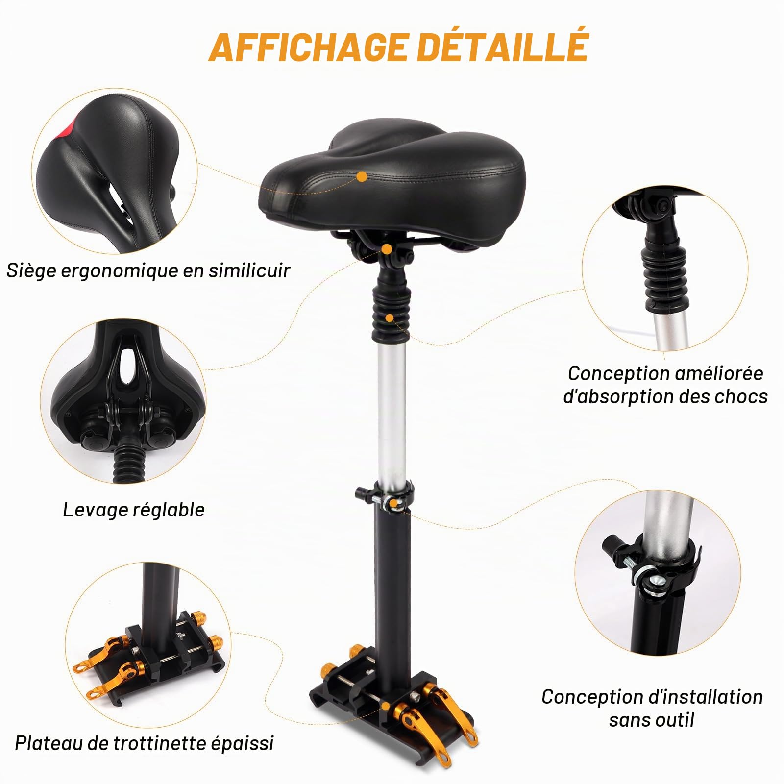 siège amélioré pour trottinette électrique Réglable en hauteur 40-65cm Siège réglable avec amortissement compatible avec Xiaomi 1S / Pro Trottinette électrique