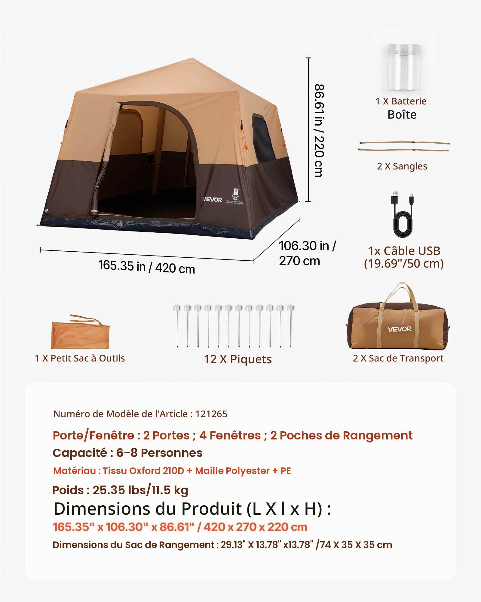 VEVOR Tente Gonflable 8 Personnes Pompe Rechargeable Tente de Camping Beige, pour Randonnée et Pique-niques en Famille, avec Tubes d'Air en TPU, 4 Grandes Fenêtres en Maille, Sac de Transport Portable