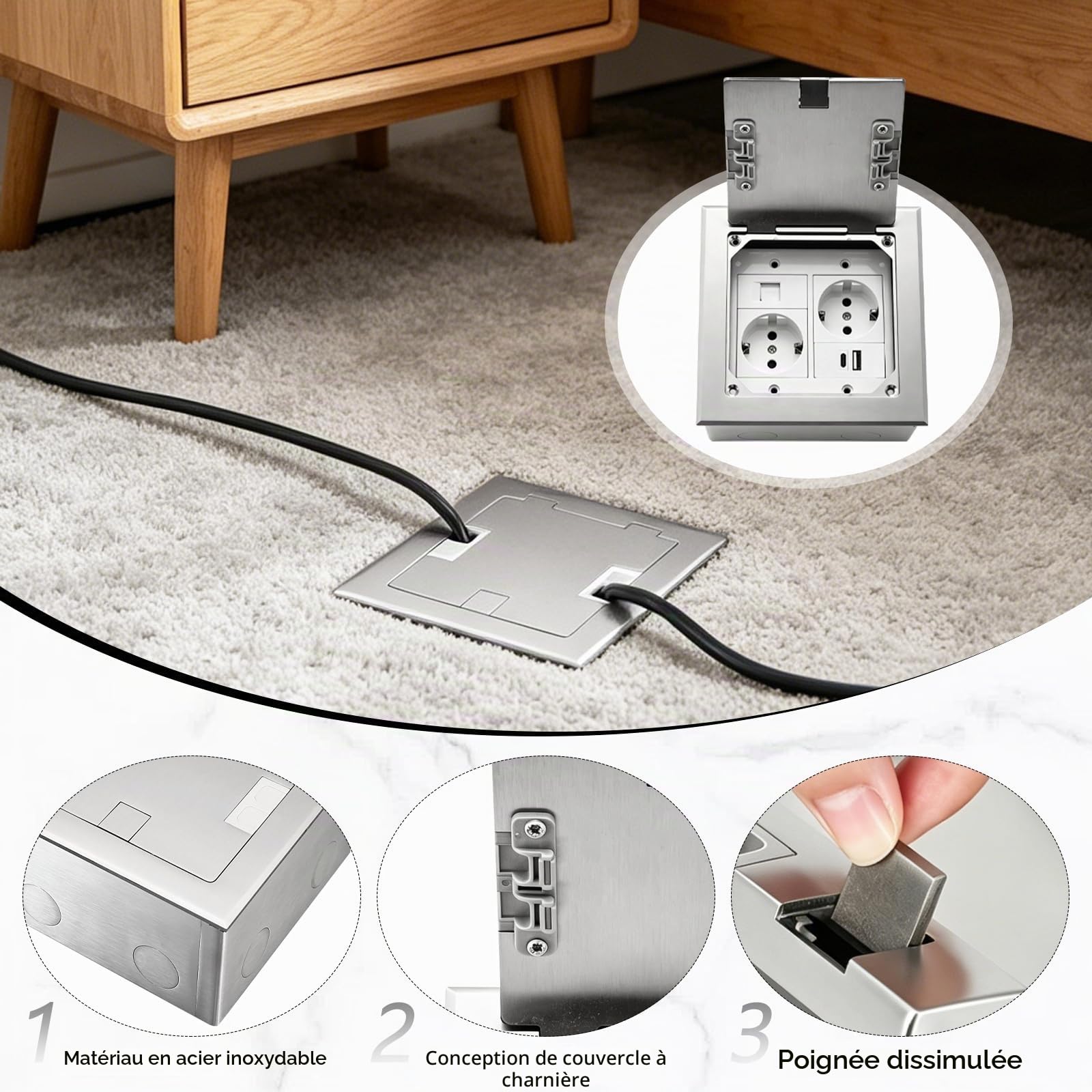 Boîte de Prise Encastrable au Sol, Prise Cachée Plate Encastrée 250V/16A avec 2 Prises EU et Connecteurs USB + Type C + CAT6, Prise de Courant Encastrée Étanche en Acier Inoxydable pour Maison, Hôtel