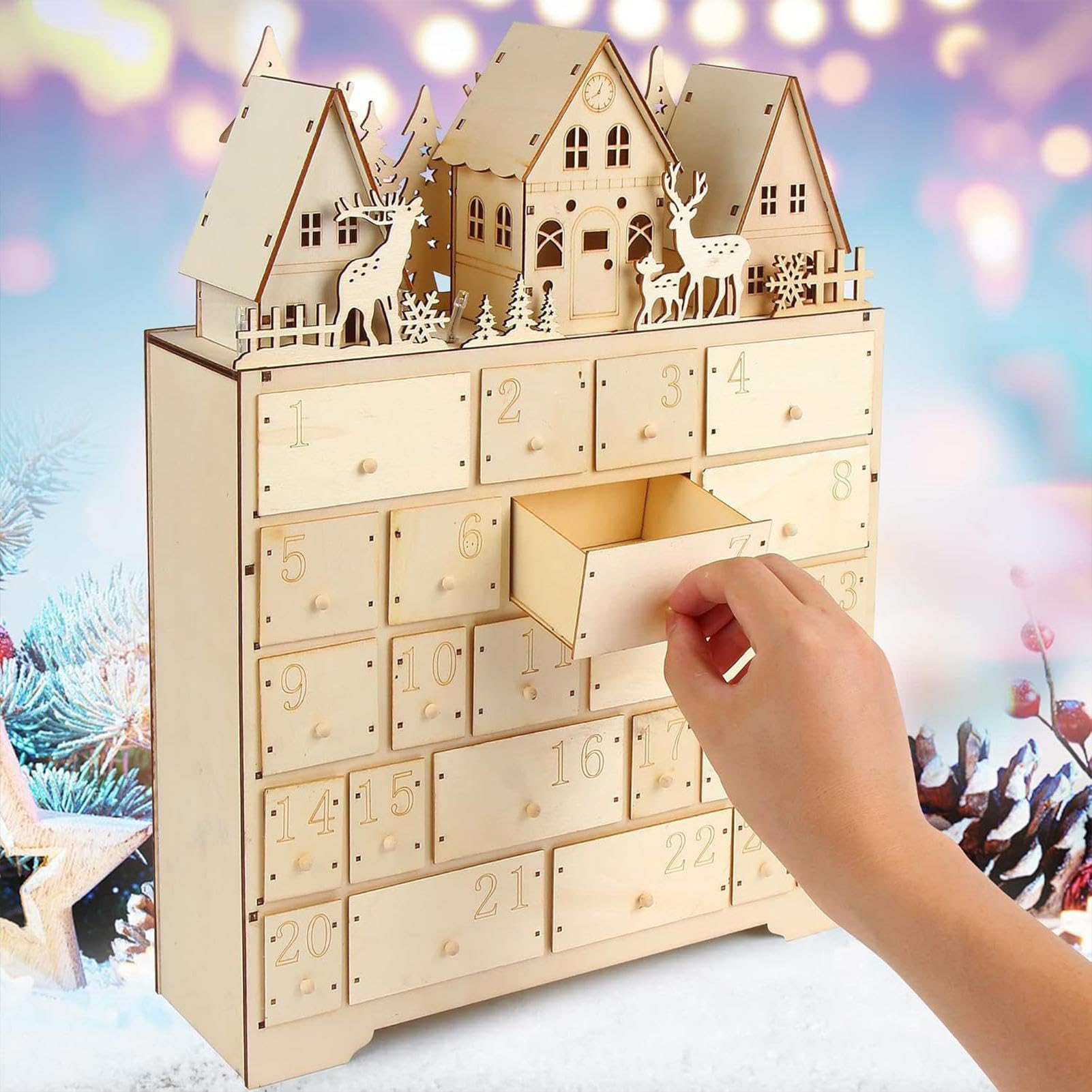 Calendario de Adviento de Madera Decoración De Adviento En Madera | Calendario de Adviento con 24 Cajones de Almacenamiento Para Adultos Familia Amigos Niños