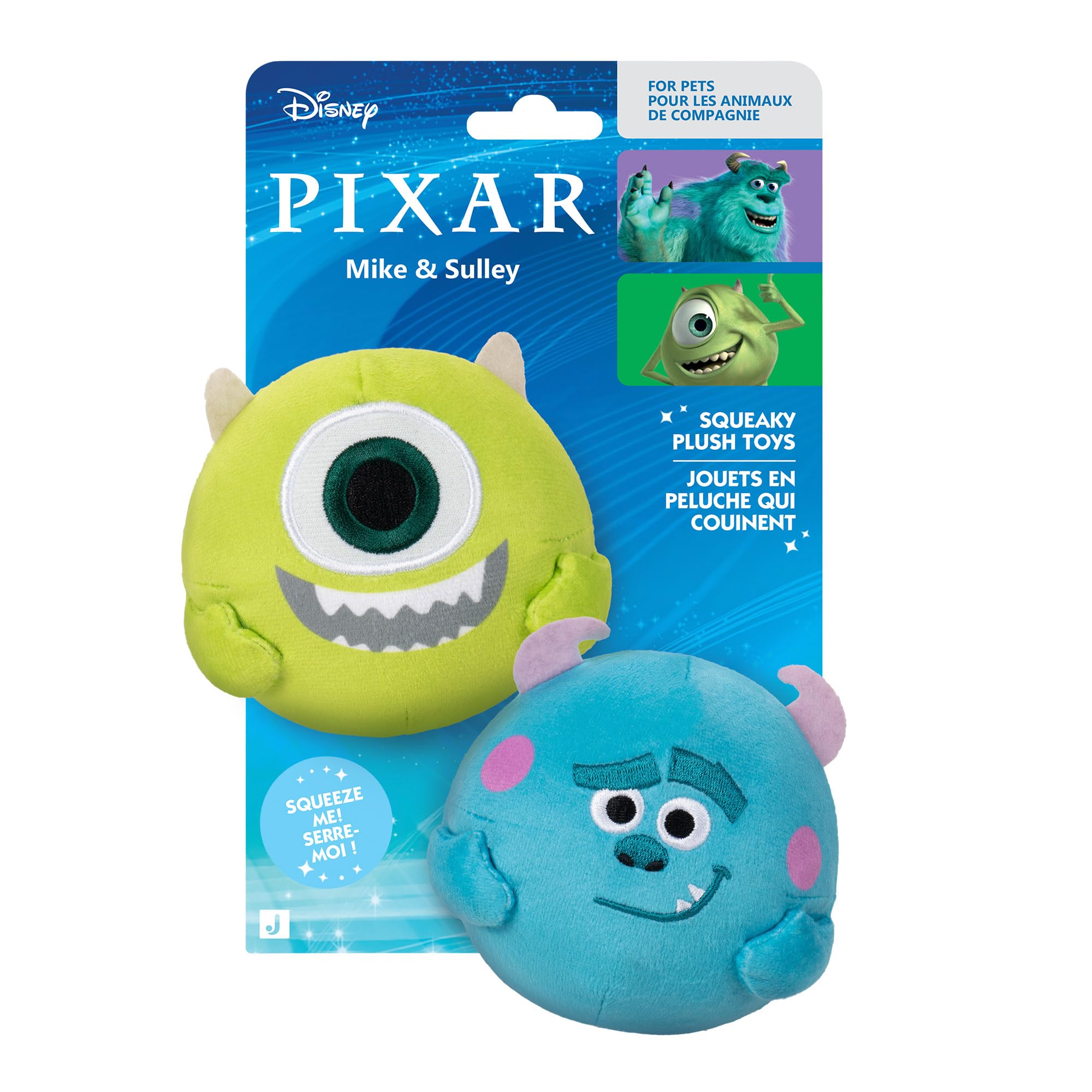 Disney JAZ PET TOYS PIXAR Mike and Sulley Squeaky Plush Dog Toy 2-Pack - Two 3.5-Inch Plush with Squeakers Inside