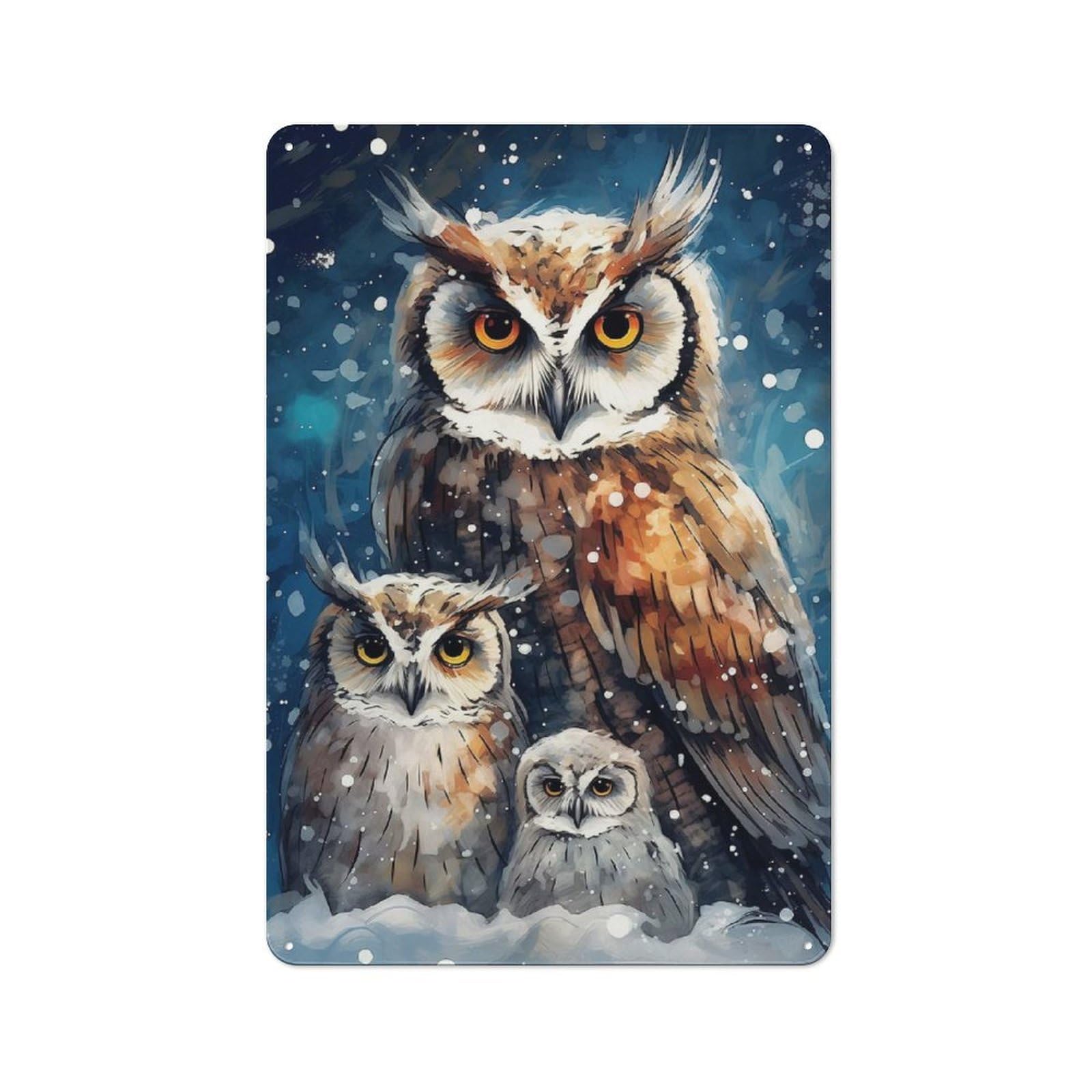 Junmoney Owl Family Xmas 30X20cm Retro-Style Tin Sign With For Café Or Restaurant, Winter Wall Decor For Hospitality Interior Collectors
