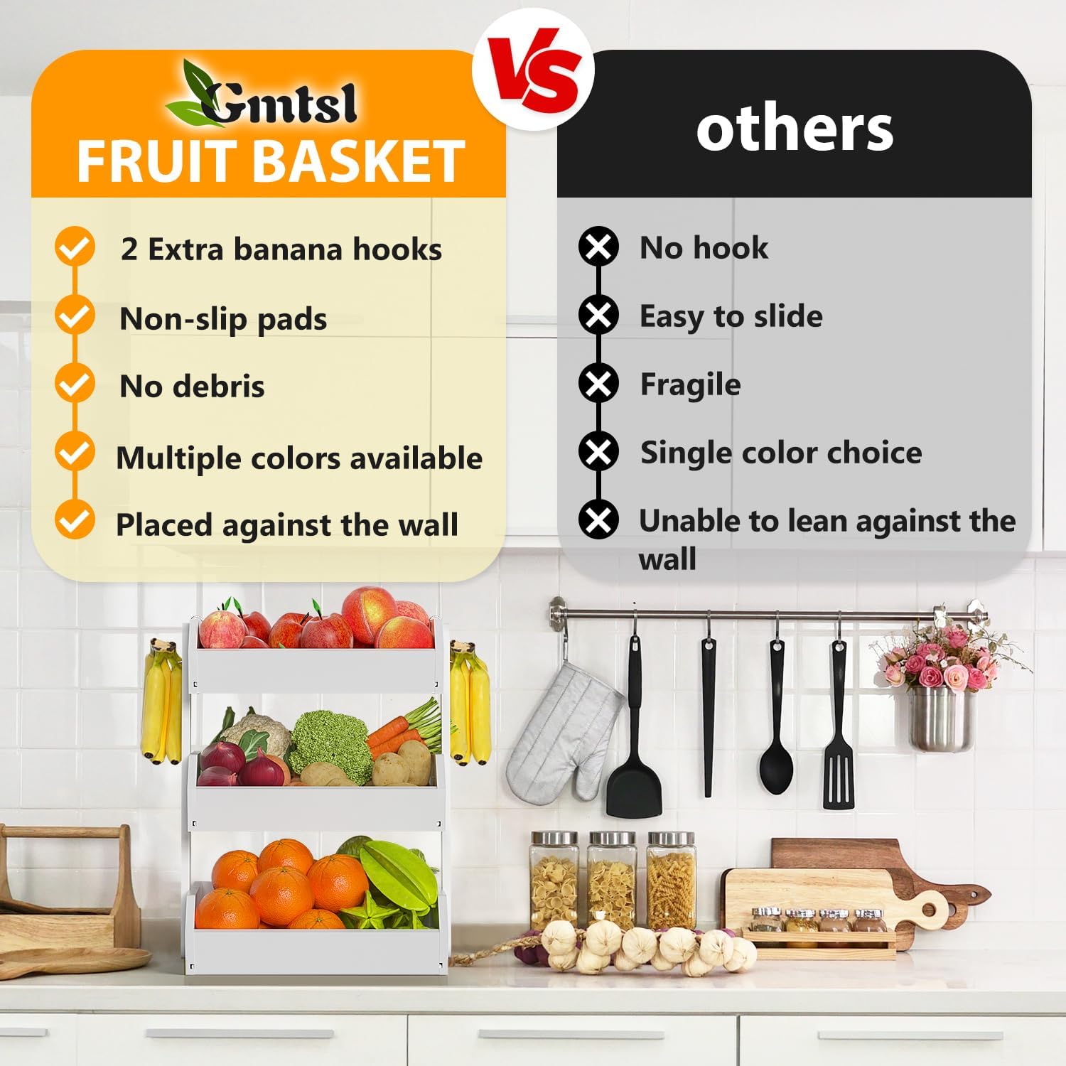 Bamboo Fruit Basket for Kitchen– 3 Tier Fruit Bowl For Kitchen Counter, Large Fruit Holder With Banana Hangers, Idea For Vegetable Storage, Bread Display, Snack Organizer(White) - Image 4