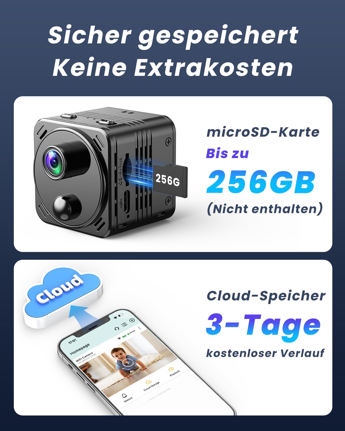 4K Mini Kamera 2,4/5GHz WLAN Überwachungskamera Innen WiFi Camera mit Live Übertragung aufs Handy, PIR Bewegungserkennung, Nachtsicht, Cloud Speicher, Lange Akkulaufzeit