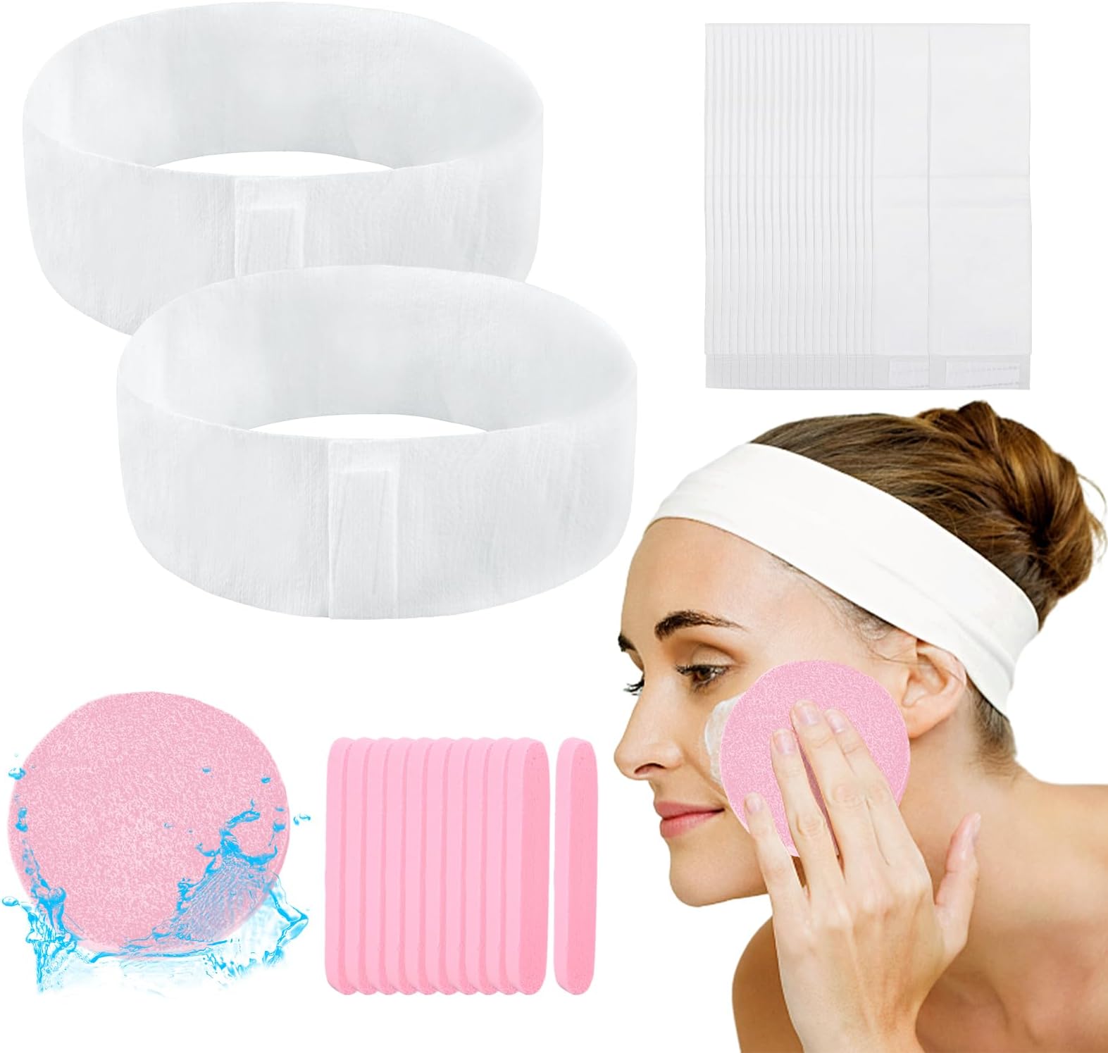 Just E JoySpa Headband Set for Women, 100 Count Disposable Facial Skincare Headbands with 6 Compressed Sponge, White Non-Woven Stretch Headbands Girls Home Care Salons Esthetician Supplies(White)