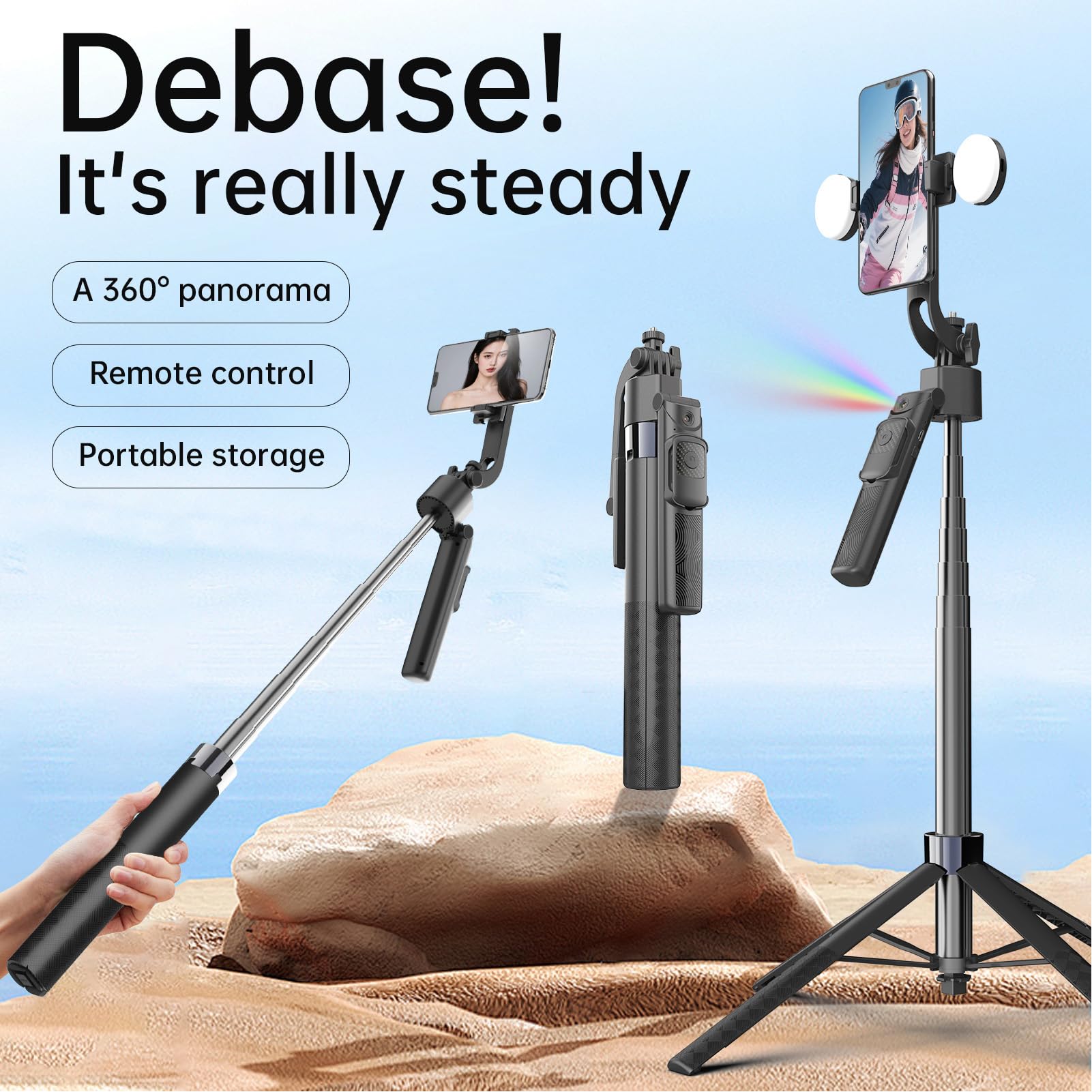 Soporte para teléfono móvil de 175 cm y palo selfie con seguimiento automático (cara/cuerpo), rotación de 360 grados con mando a distancia, palo selfie extensible para smartphones y cámaras de