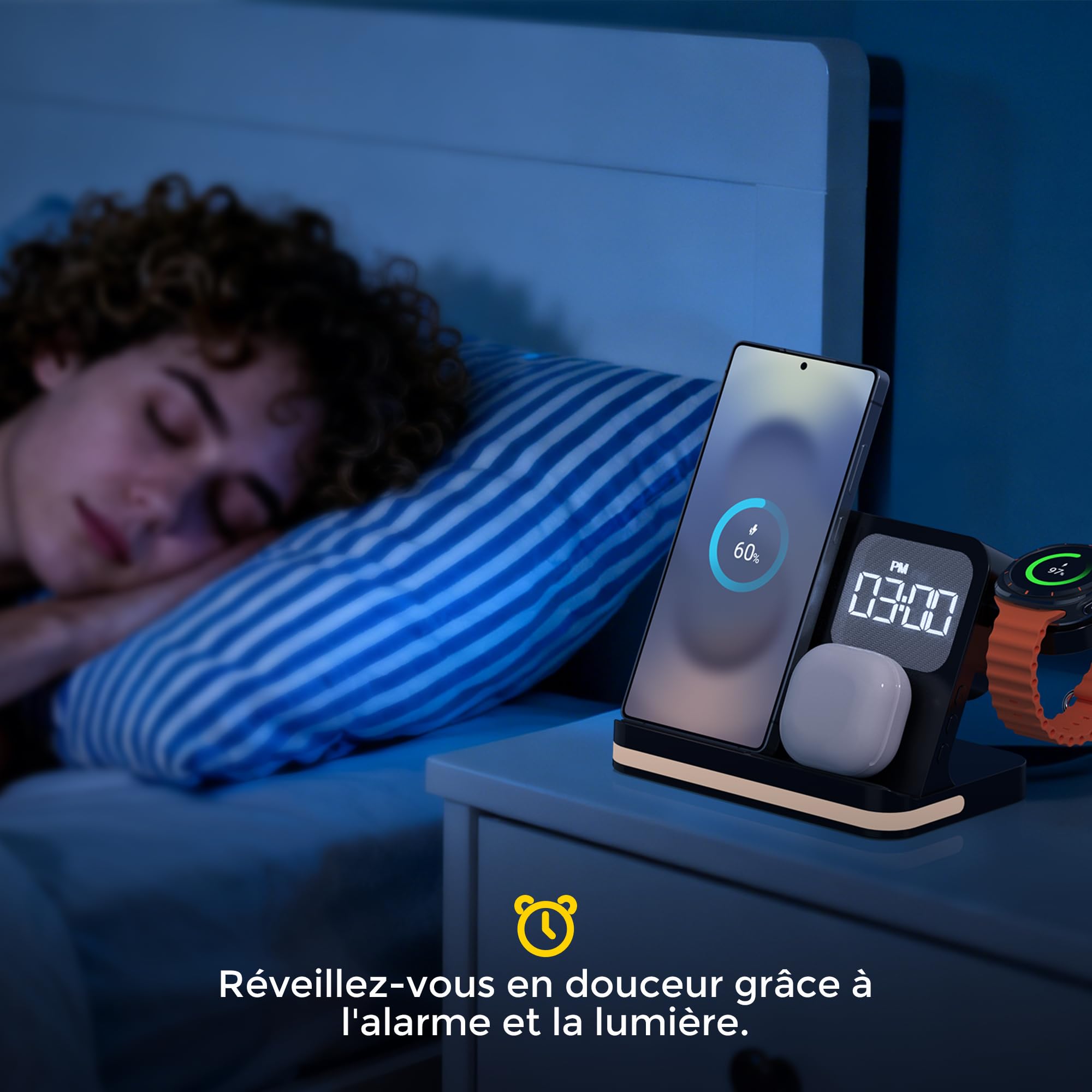 Chargeur Induction 3 en 1 pour Samsung avec Réveil et Veilleuse, Chargeur sans Fil 15W pour Galaxy S25/S24/S23, Galaxy Watch 8/7/6 et Galaxy Buds 4 Pro, Chargeur Rapide pour Samsung avec USB-C