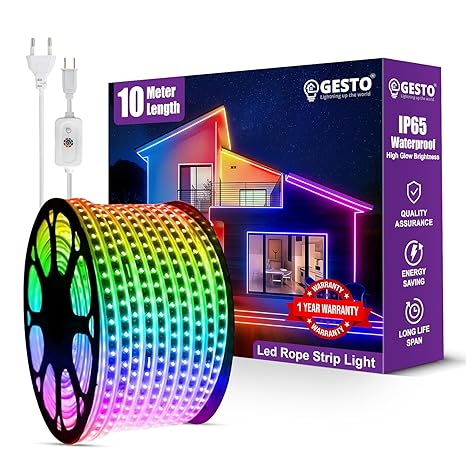Gesto 10 Meter Rope Led Strip Lights – High Brightness Outdoor Lights Waterproof for Balcony,Home Decor,False Ceiling | RGB Strip Light for Diwali Decoration with Mode Change Controller (Multicolor)