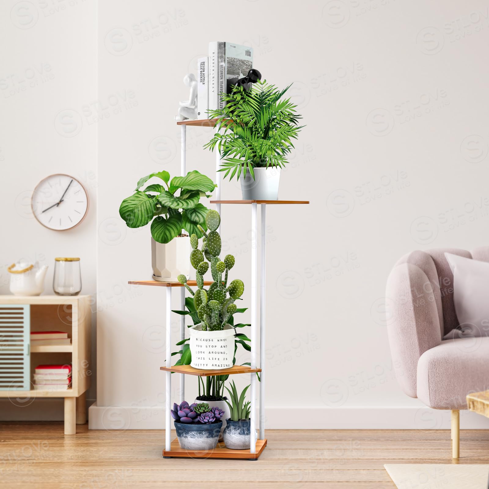 Étagère Plantes 5 Niveaux Métal/MDF - Support Jardinière Décoratif Intérieur (Pot Non Inclus)