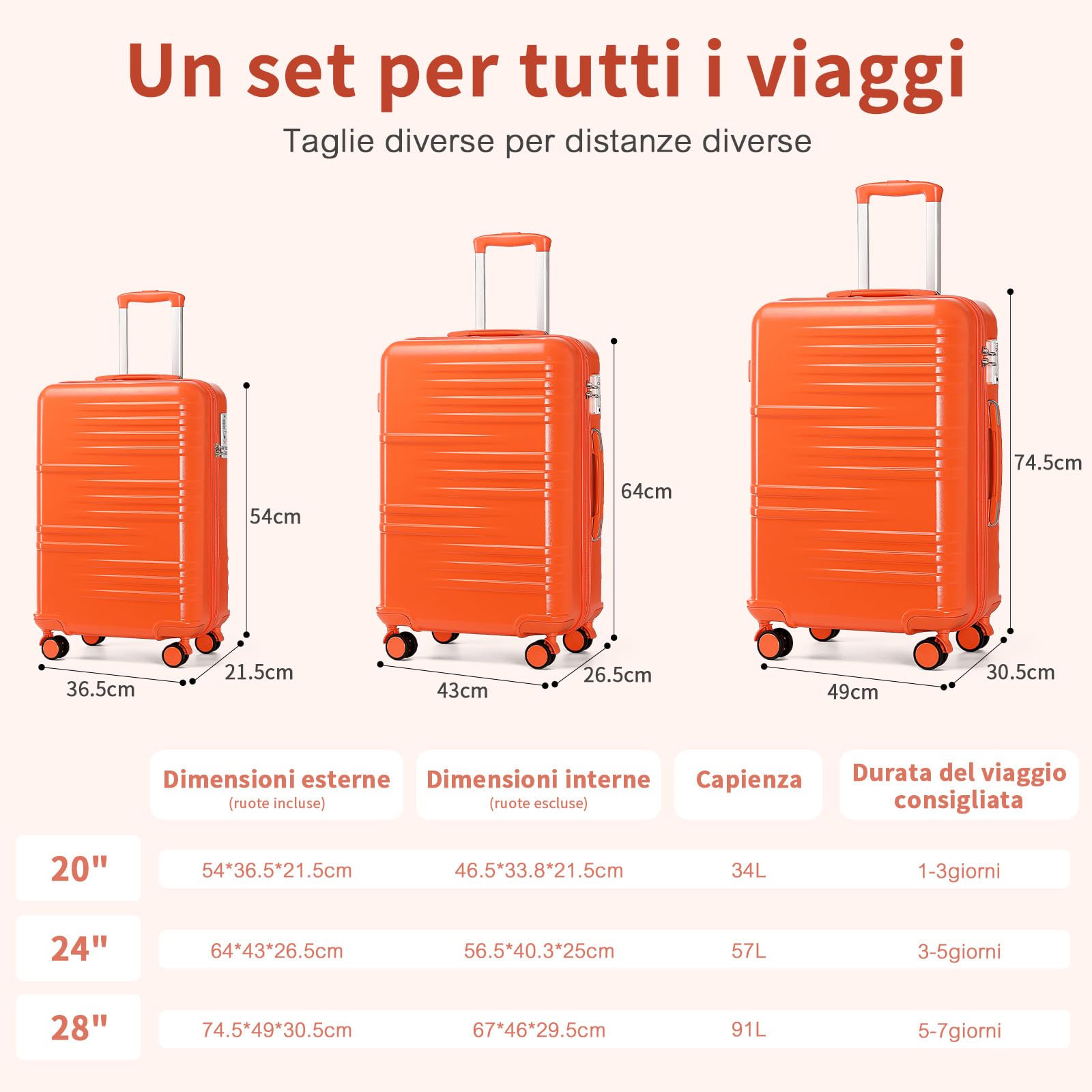 British Traveller Valigia con Ruote 64cm Trolley Rigida Trolley Medio con TSA Lucchetto, Arancione