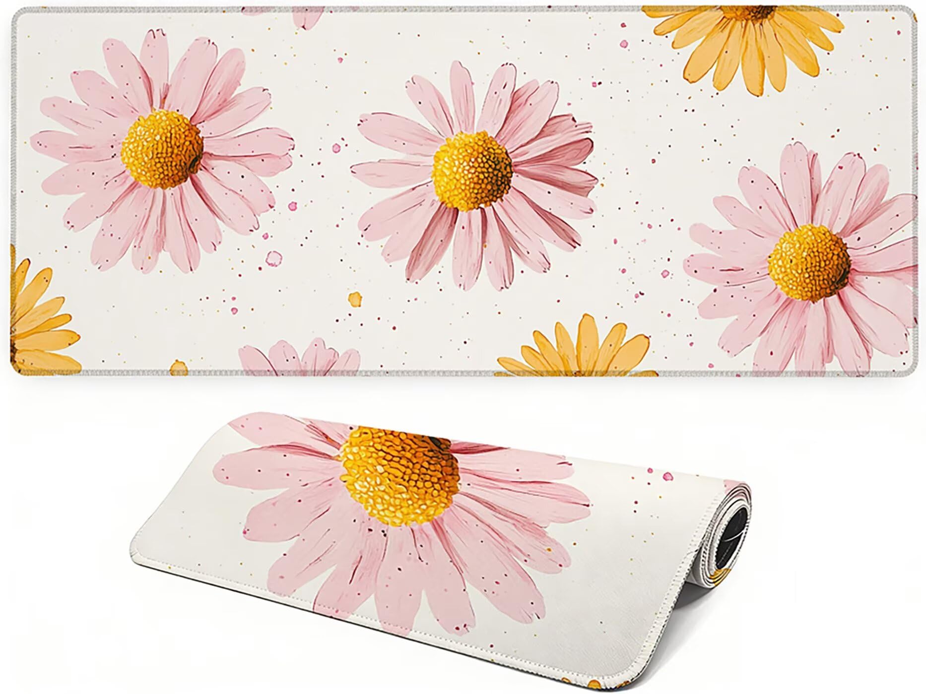 Lpfieonn Blume Schreibtischunterlage XXL, Beige Schreibtischunterlagen Großes, Gaming Mousepad XXL mit ernähter Rand und Rutschfeste Gummibasis, Desk Mat für PC/Laptop/Mausa 120x60cm PF-2386
