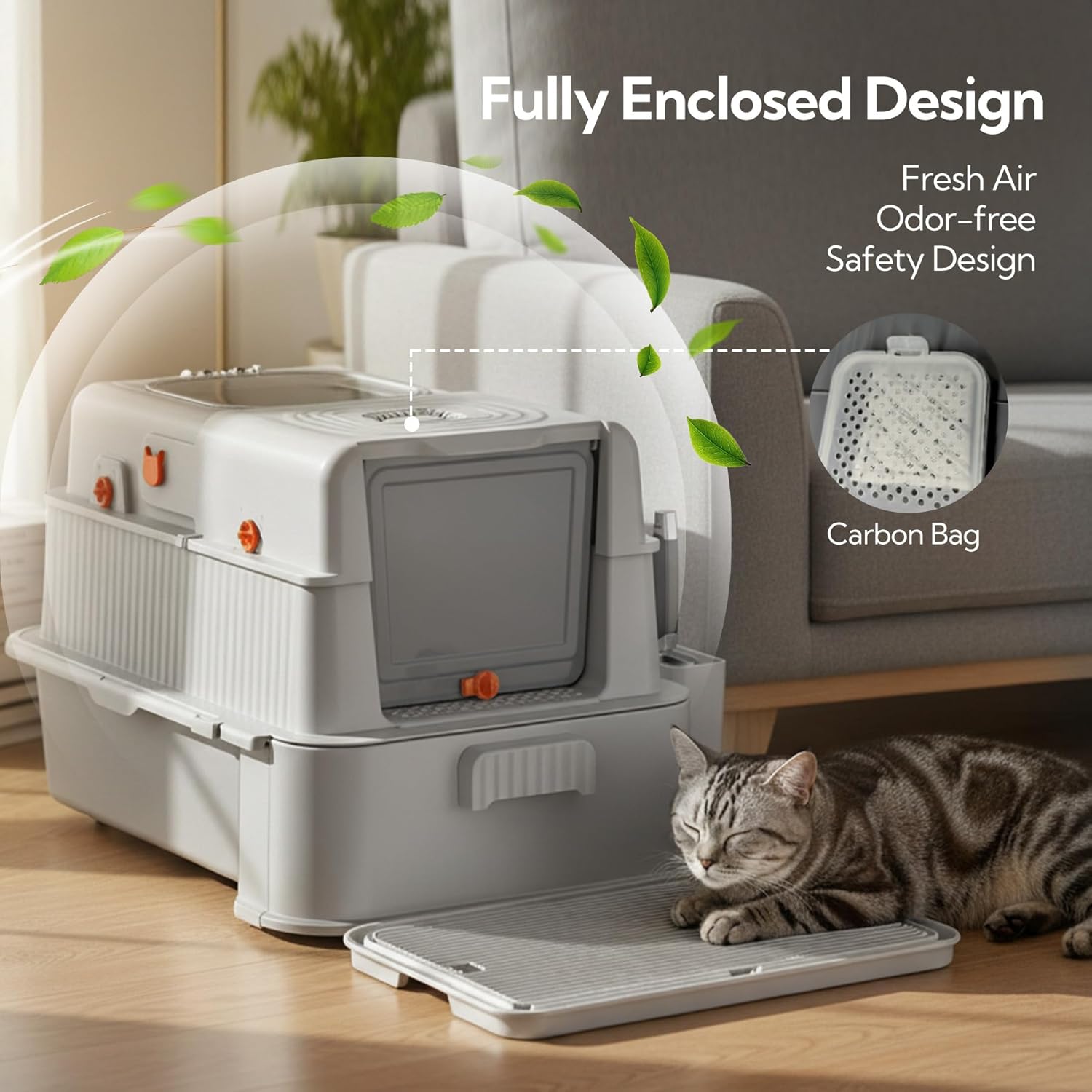 Soulbond Stainless Steel Cat Litter Box with Lid, Enclosed Large Metal Litter Box with Drawer and Flip Door for Big Cats, Top Entry, Odor Control, Easy to Clean (Light Grey)